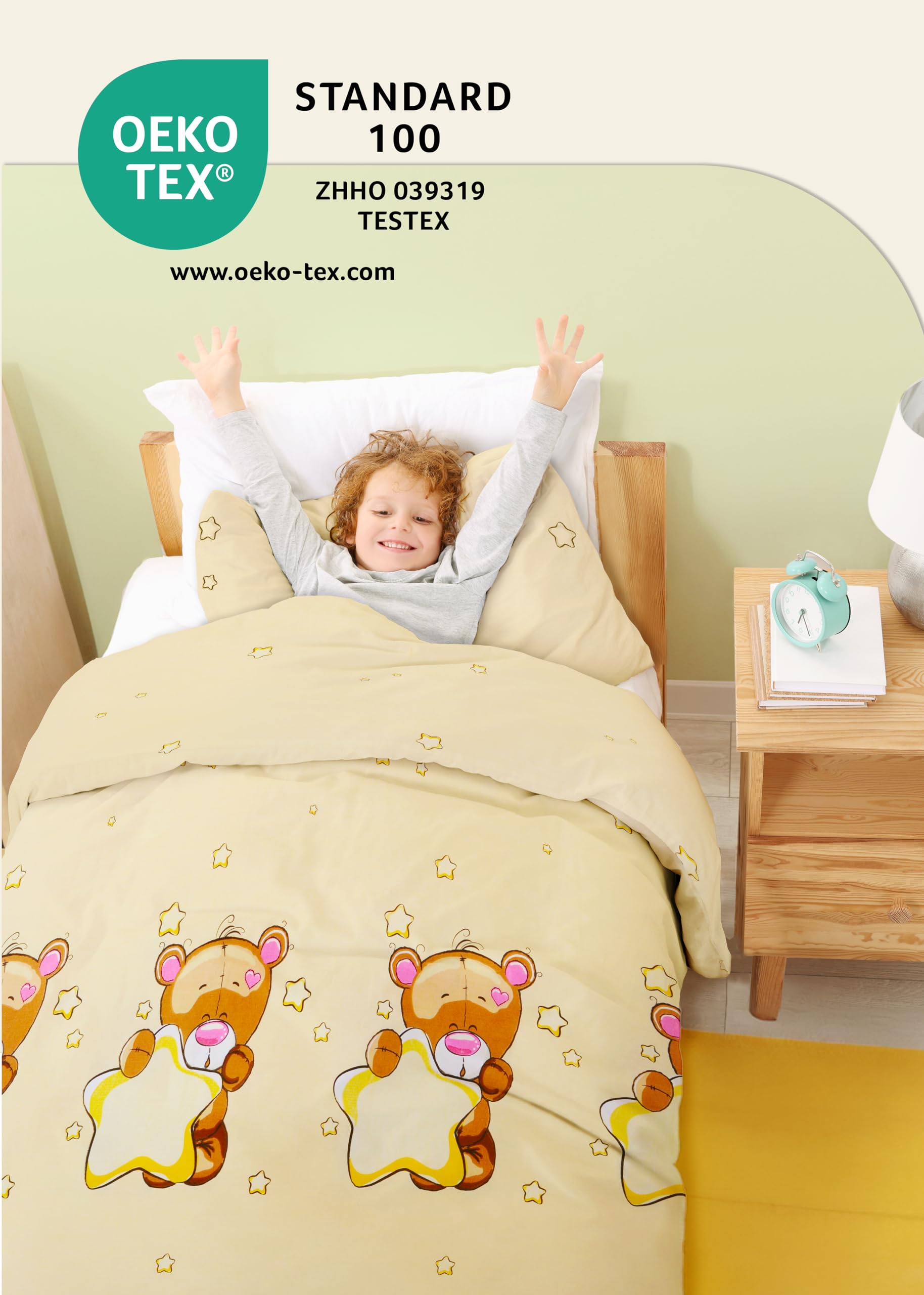 Gräfenstayn® 2-częściowy zestaw pościeli dziecięcej z motywem zwierzęcym i zintegrowanym zamkiem błyskawicznym - ze 100% bawełny (jakość Renforce) - poszewka na kołdrę 135 x 100 cm i poszewka na poduszkę 60 x 40 cm (miś i gwiazda)