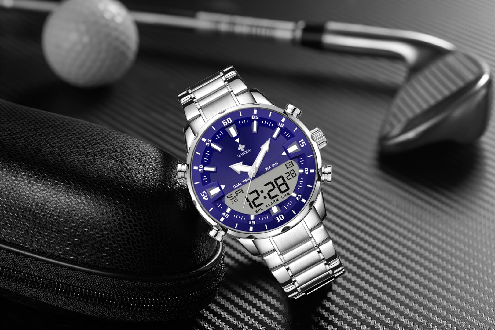 Gosasa Montre analogique à quartz pour homme - En acier inoxydable - Style sportif - Style décontracté - Style militaire - Étanche - LED