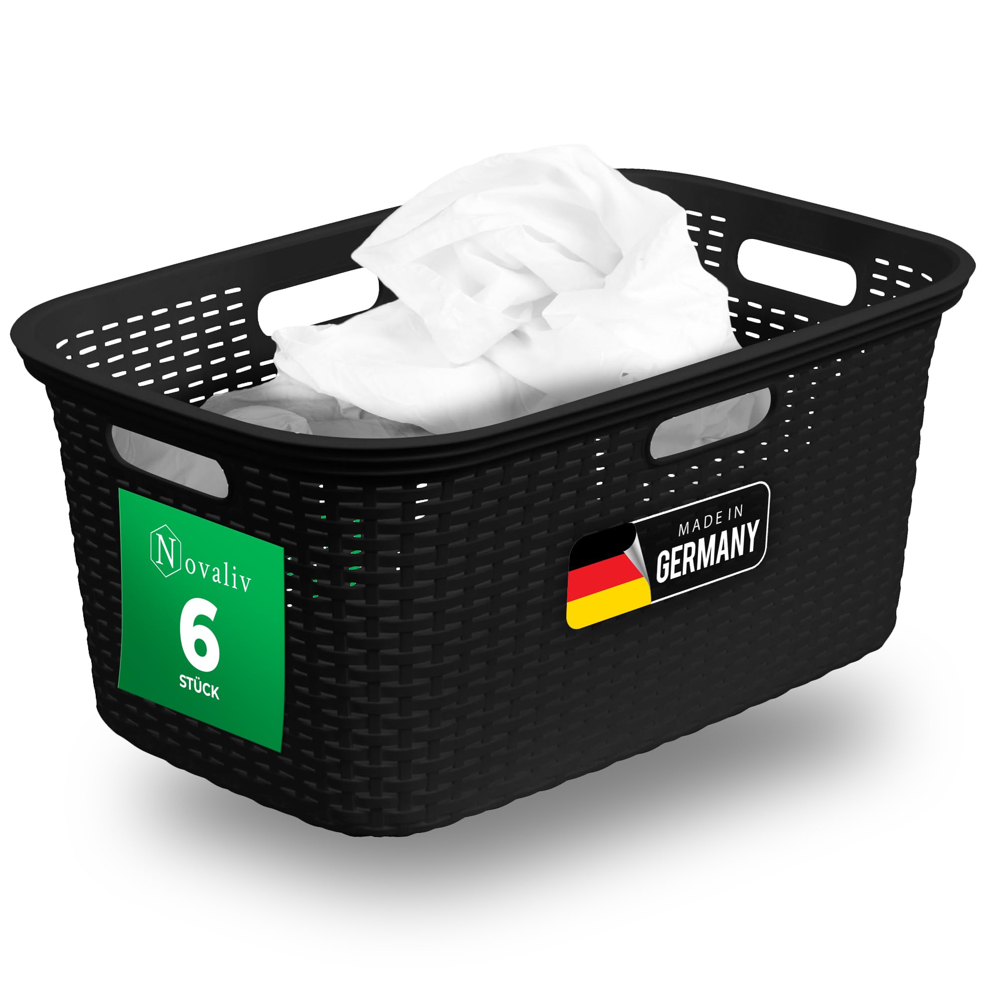 Novaliv Sparset 6X Rattan Wäschekorb mit 4 Griffen 40L Schwarz, Wäschebox Set Wäscheeimer Wäschebehälter für Bad Wäsche Schmutzwäsche, Wäschekörbe Haushalt Zubehör Wäschetonne Sammler