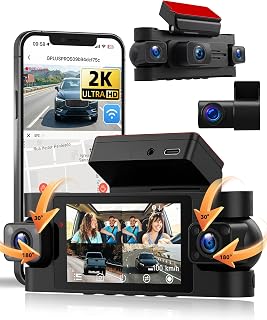 SIXWIN 2K Dash Cam Car, 3-Inch Screen, 360° All-round Look with 3 x 1080P Car Cameras, WiFi Dash Camera with Night Vision, G Sensor, App Control, 24/7 Parking Monitoring, Loop Recording