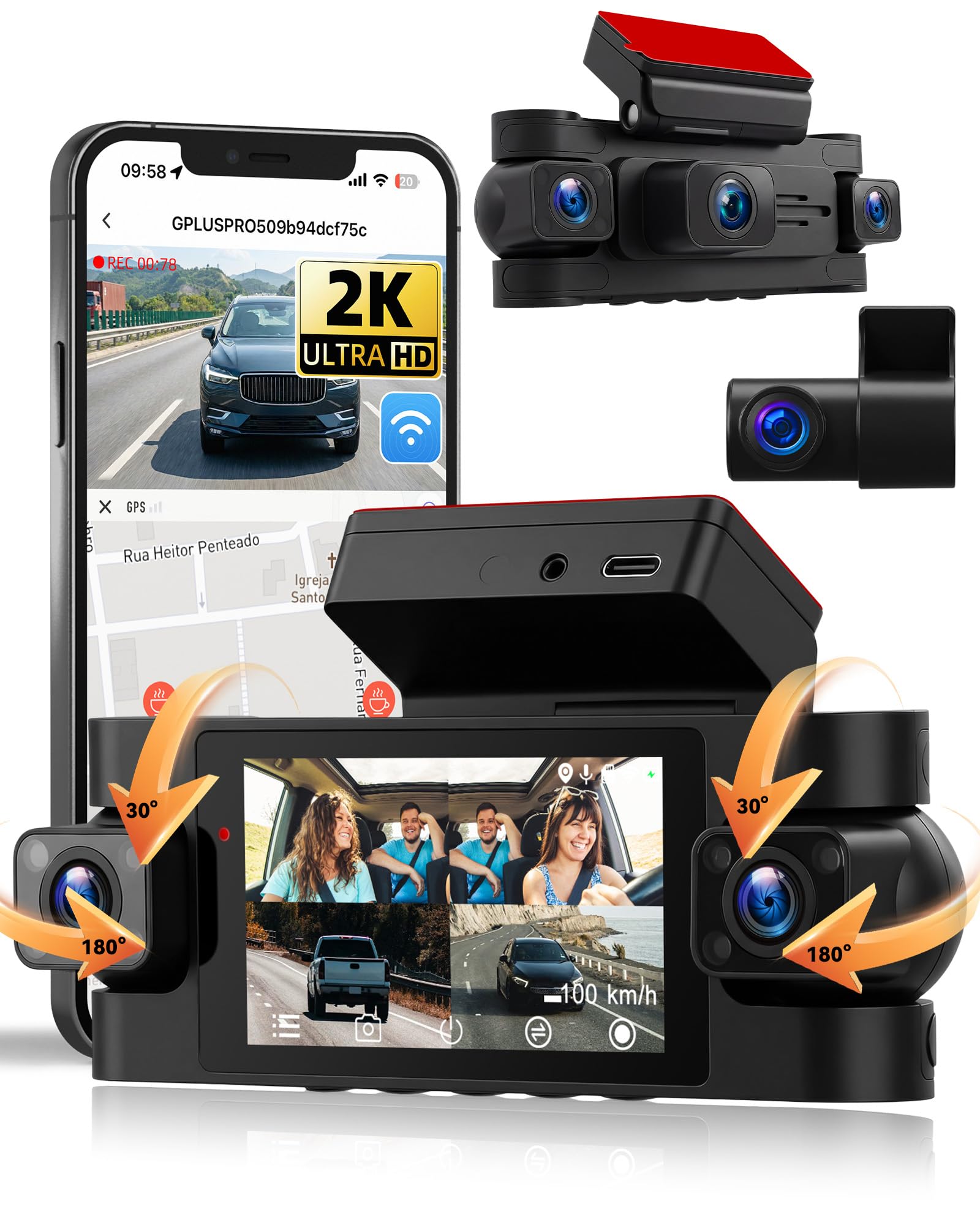 SIXWIN 360° Dashcam 2K con Pantalla de 3", Cámara para Auto con 2K + 3 x 1080P, Visión Nocturna, WiFi, Control por App, GPS, Sensor G, Estacionamiento 24/7, Grabación en Bucle, Universal