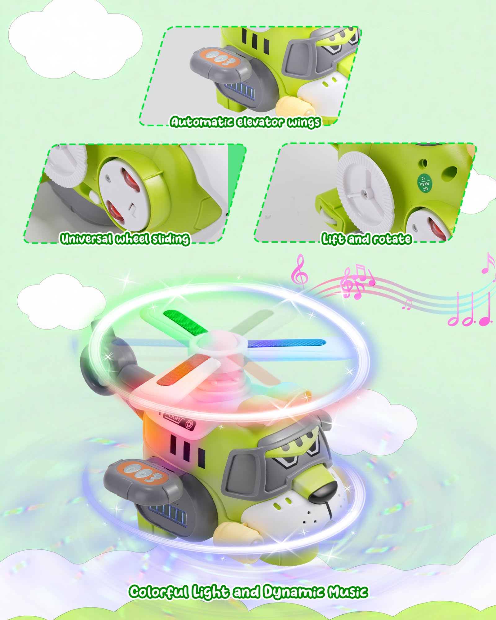 Jouet d'avion pour enfants de style tigre - jouet d'hélicoptère électrique avec lumières et sons, hélice tournante à 360 °, action Bump-and-Go - jouet éclairé pour tout-petits âges de 3 à 7 ans