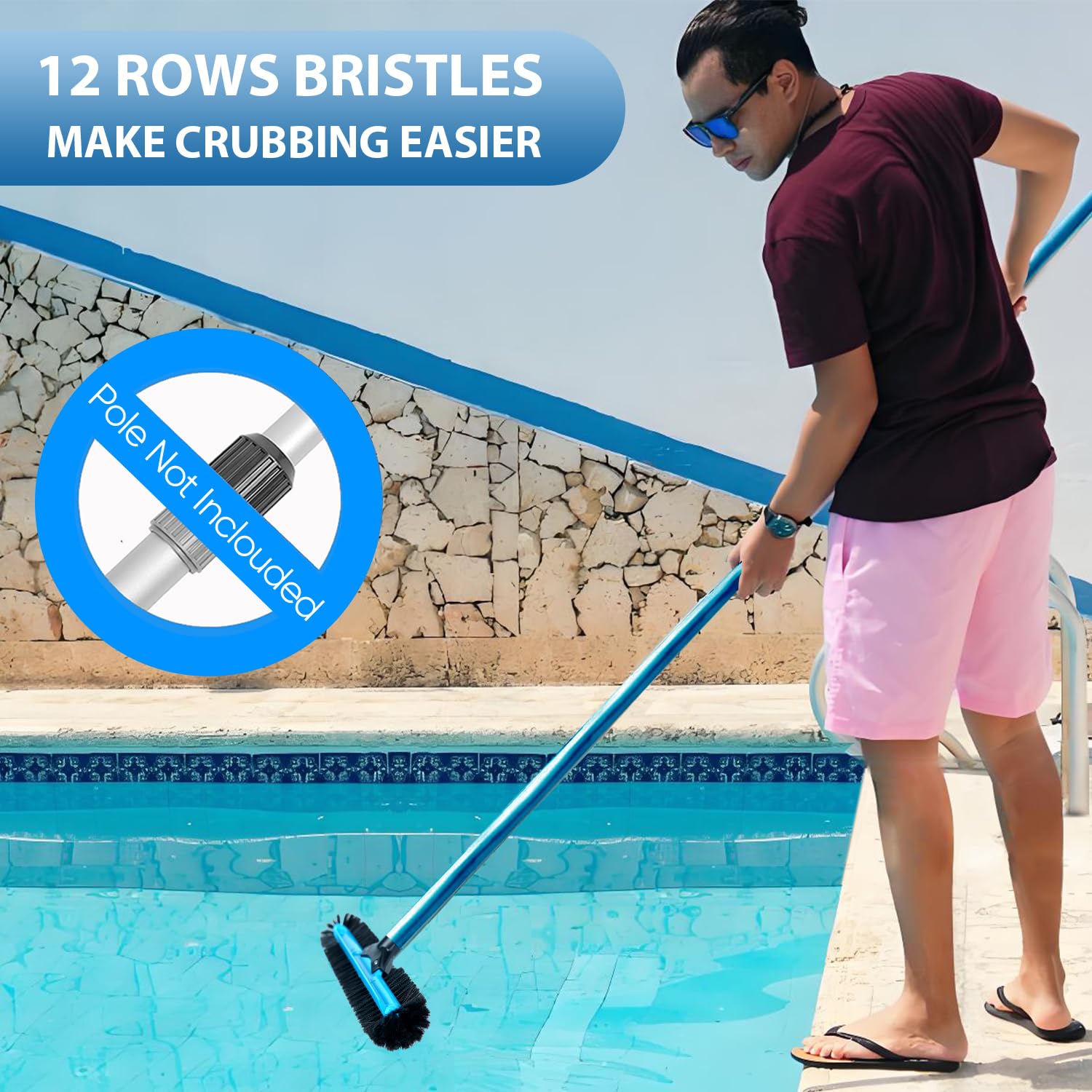Cabezal de cepillo de piscina de 20 pulgadas de ancho, cepillo de limpieza de piscina resistente con cerdas de 12 filas, cepillos de piscina enterrados/superiores con extremos curvos, azul