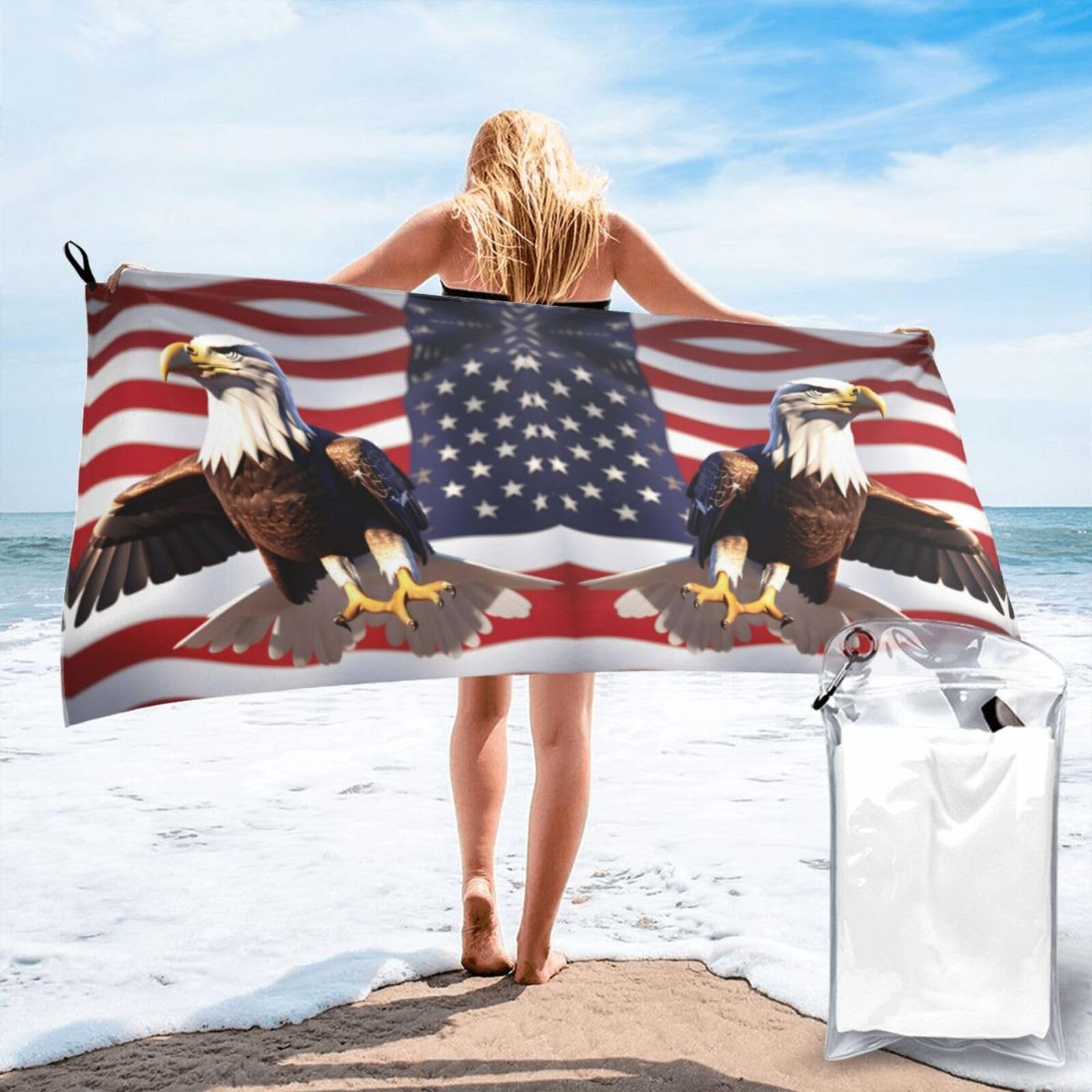 HLBSDM Bald Eagle with American Flag Print Beach Towel Quick Dry Portable for Swimming Yoga Travel Campers