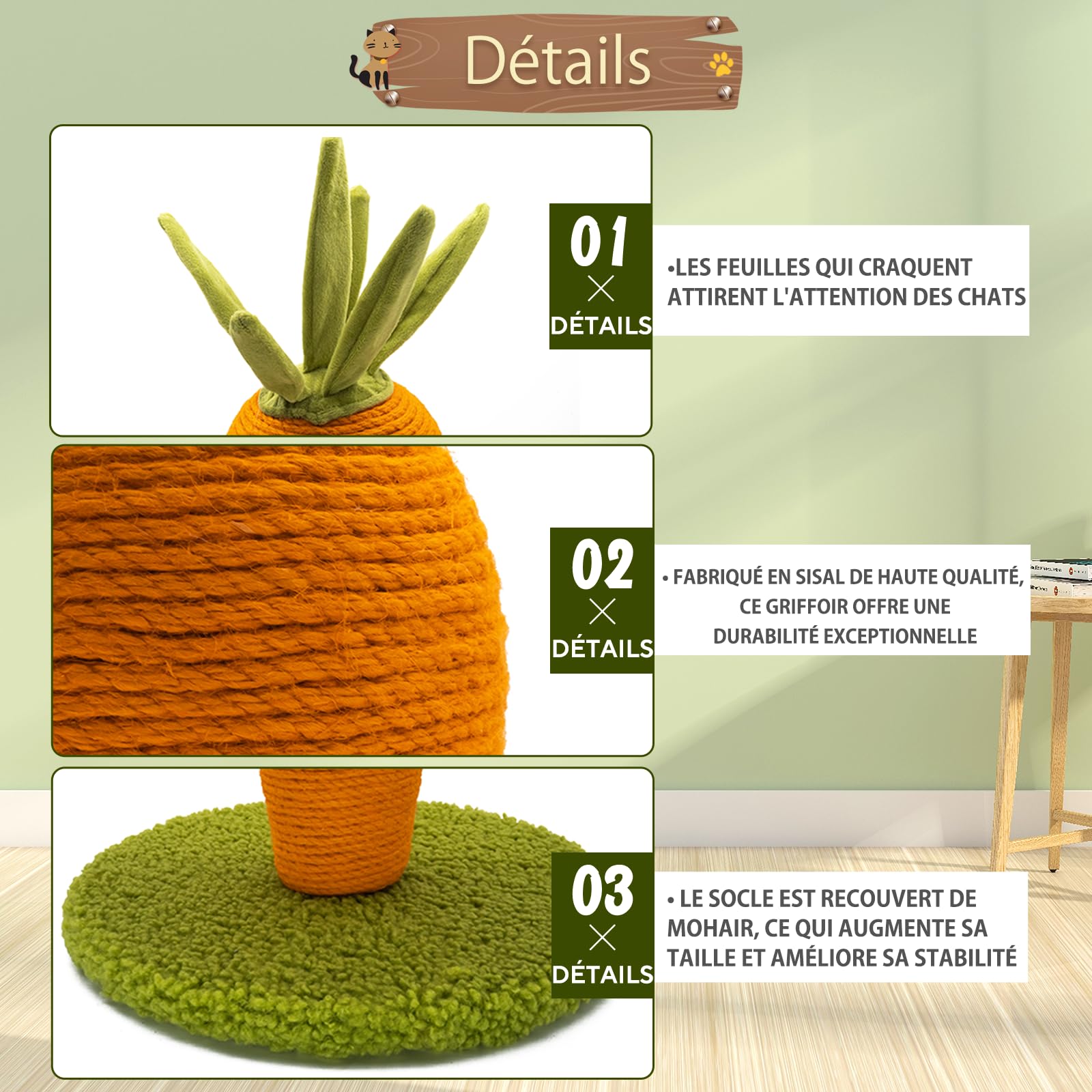 AUSCAT Arbre à Chat Carotte, 42 cm, Carotte Mignonne, griffoir, en sisal Naturel, intérieur pour Chatons