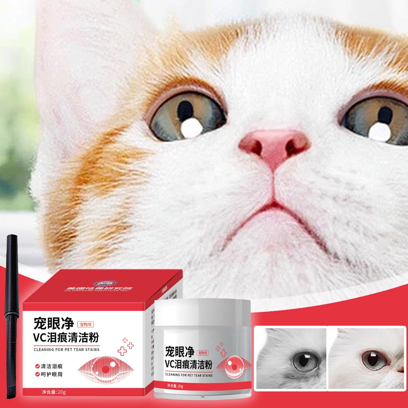 Détachant larme de chat 20 g pour chiens et chats - Poudre avec brosse - Rince-yeux pour animaux de compagnie - Naturel, sûr, absorbe les larmes