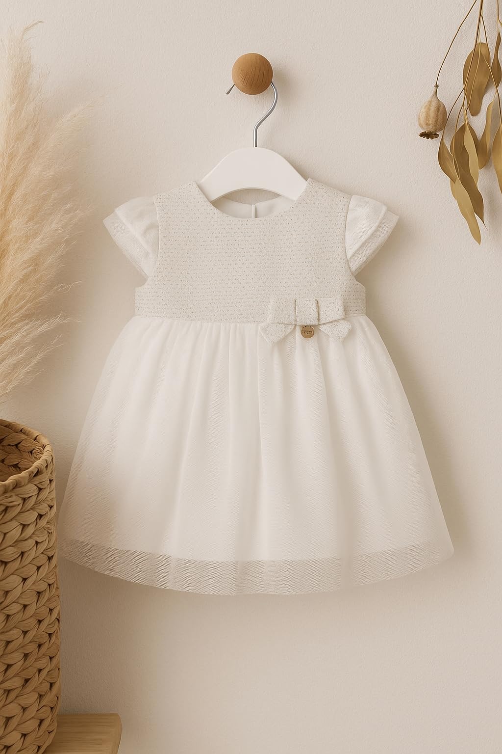 Mayoral Vestido elegante blanco para bebé con tul y lazo, perfecto para ceremonias y ocasiones especiales