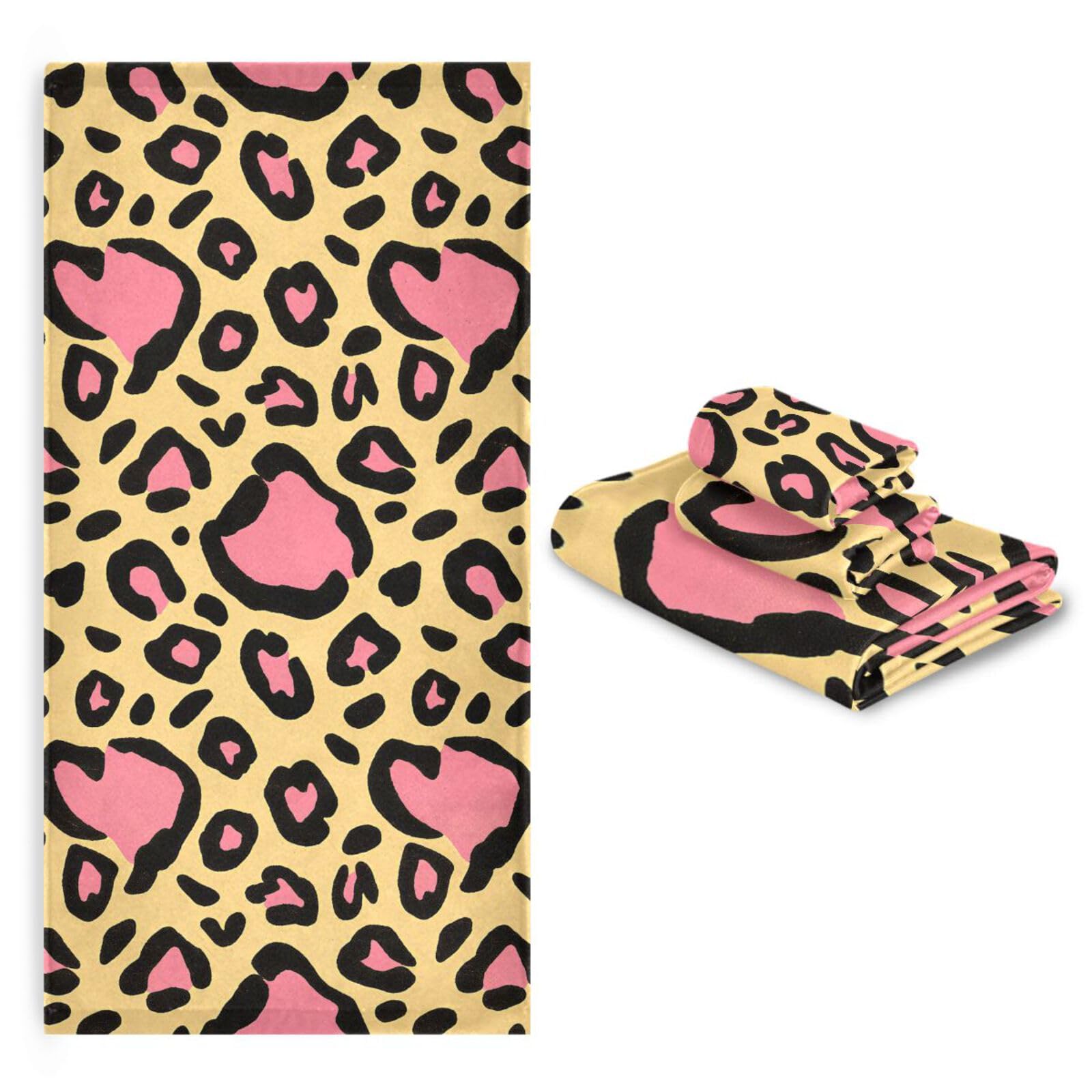 Set di 3 asciugamani per il viso in microfibra con stampa leopardata, 1 asciugamano da bagno, 1 asciugamano per le mani, 1 panno per la spiaggia, capelli, viso, palestra, nuoto, cucina