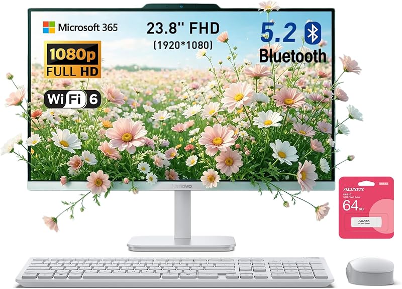 Computadora de escritorio todo en uno Lenovo FHD A100 de 24" para oficina en casa, 32 GB de RAM, 1 TB de almacenamiento, Microsoft Copilot AI, CPU Intel de 8 núcleos, KB y mouse inalámbricos, compatible con pantalla dual, Win11, blanco, con USB de 64 GB