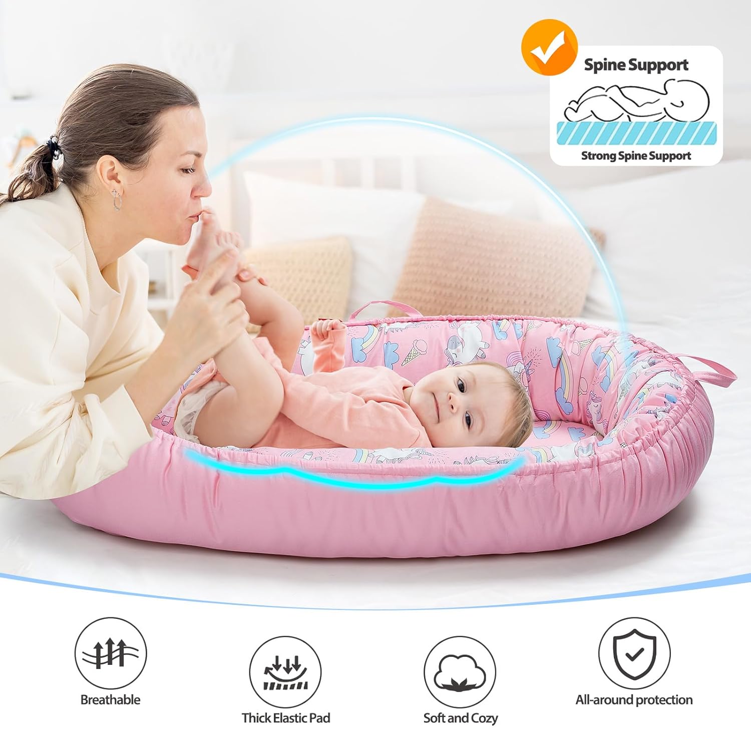 Baby Lounger - Breathable & Soft Baby Nest, Portable and Lightweight Tummy Time Lounger for Home and Travel, Ideal Newborn Babies Essentials Baby Shower Gifts - Image 3