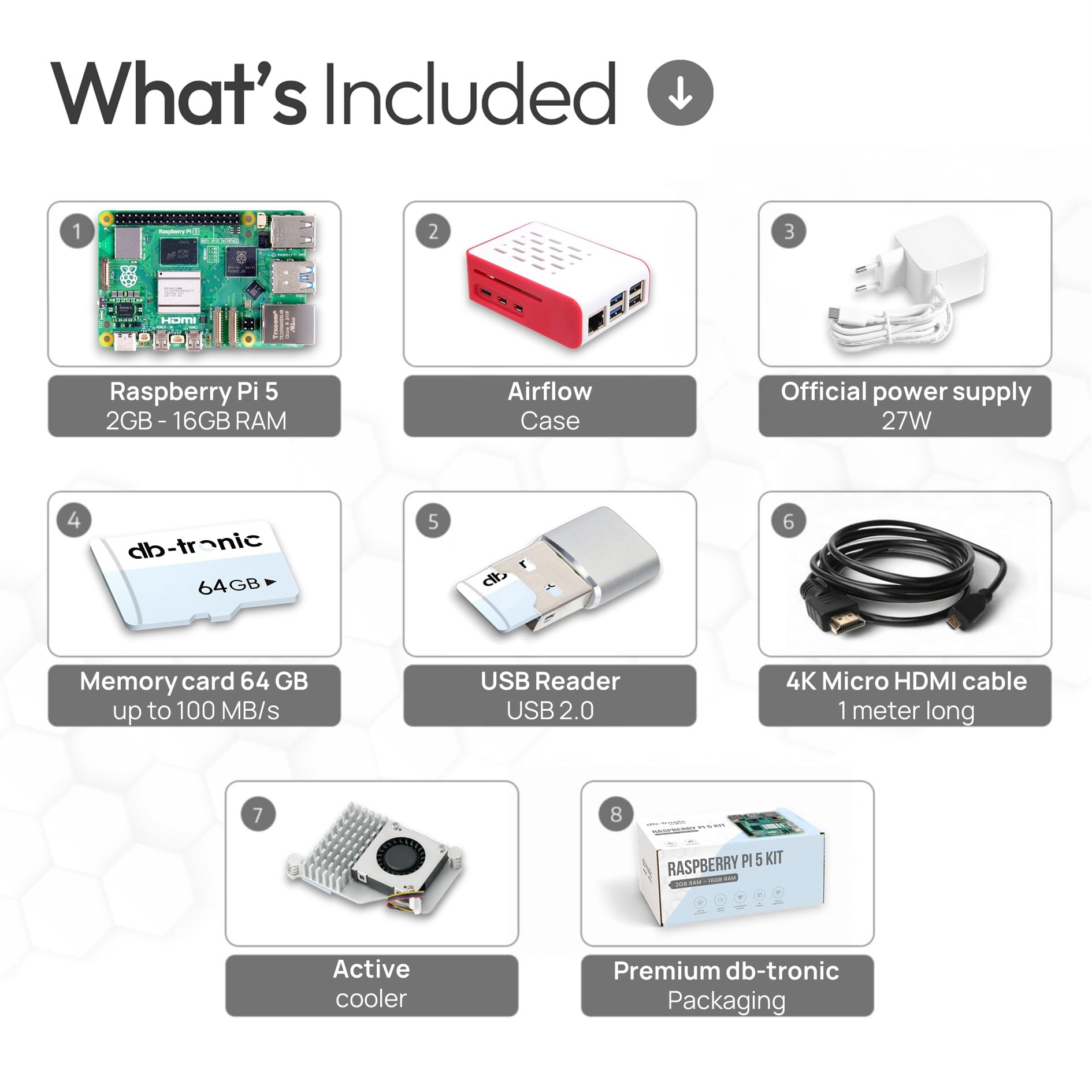 db-tronic Raspberry Pi 5 4 GB Starter Kit | Edycja 64 GB | Zasilacz 27 W | Obudowa Airflow | Aktywne chłodzenie | idealny do Home Assistant i smart home