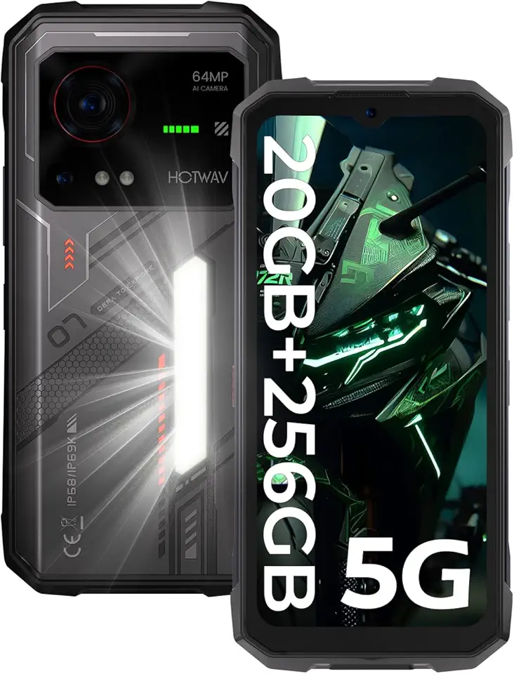 HOTWAV Hyper 7 5G Teléfono Móvil Resistente 2025, 20GB+256GB+2TB TF, 10800mAh IP68 Smartphone, 64MP+32MP, 6.6" FHD+, 280LM Camping, Android 14 Telefono Movil Antigolpes, GPS, NFC, OTG, FM (Negro)