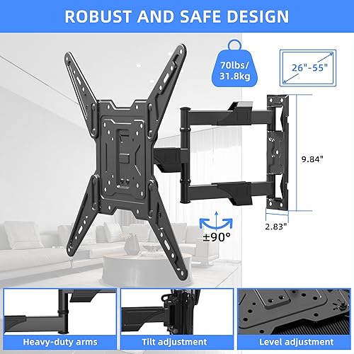 Miniatura 5 de XINLEI Soporte de pared para TV de movimiento completo para la mayoría de televisores curvos planos de 26 a 55 pulgadas, soporte de TV de montaje en