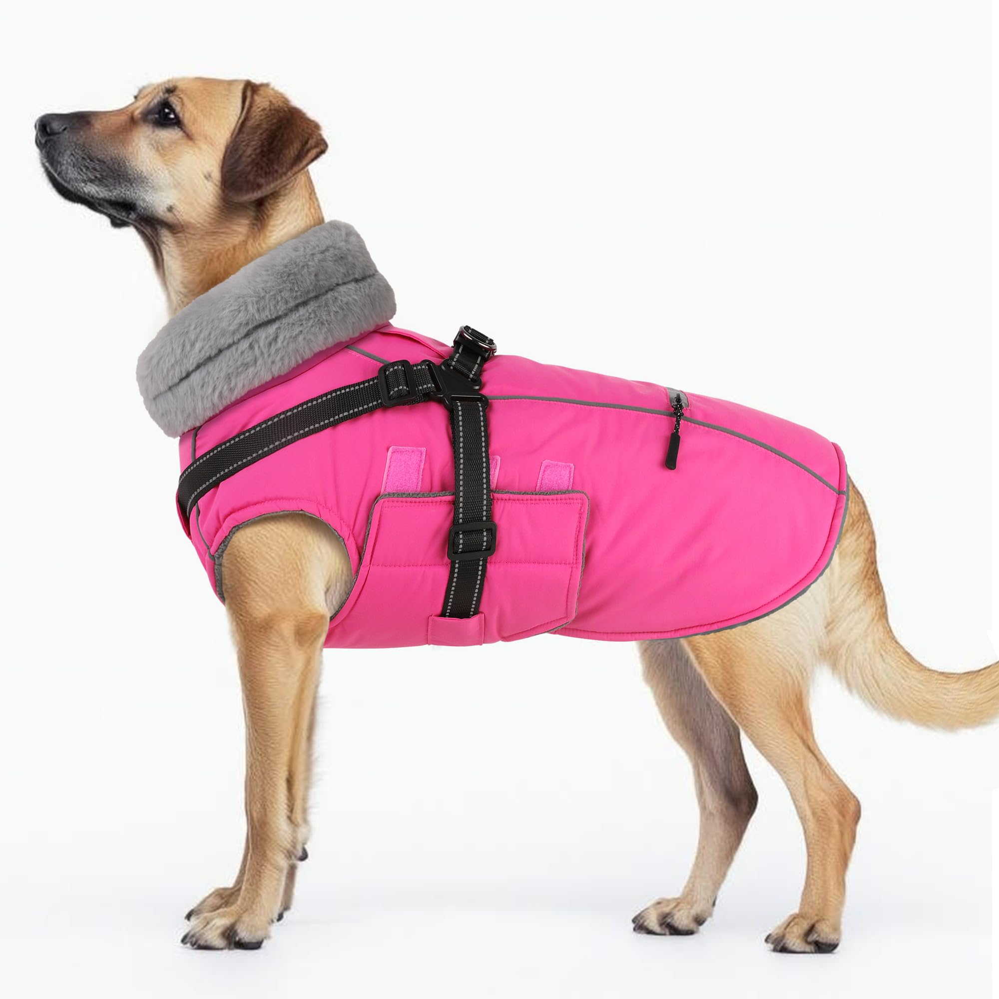 PETDSH - Chaqueta mediana para perro, arnés integrado con forro polar cálido, chaqueta reflectante impermeable para perro, abrigos para mascotas con bolsillo y bolsas de basura (rosa, M)