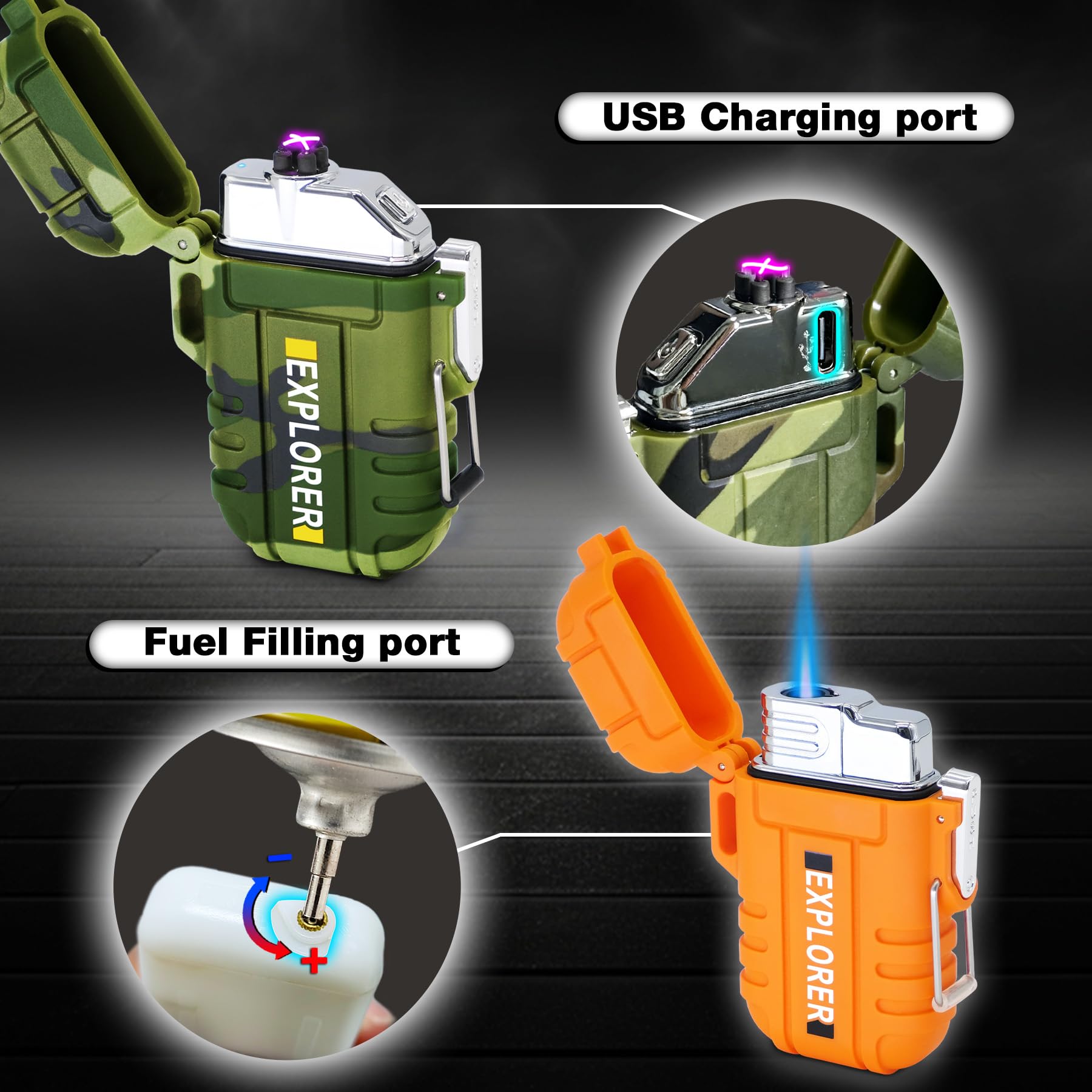 2 Pack Dual Arc Lighter Electric Rechargeable Lighter Torch Lighter Butane  Flameless Plasma Lighter for Hiking Survival Tactical Gear(Camo&Orange) :  Amazon.sg: Health, Household and Personal Care