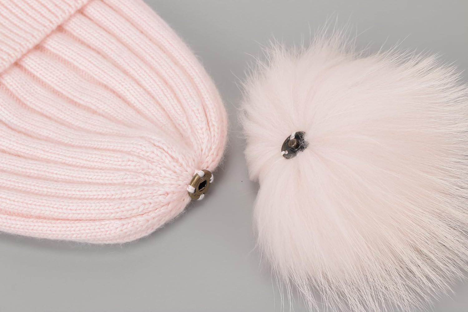 Women's Real Fur Pom Pom Cashmere Blend Winter Ribbed Knit Cuffed Beanie Skull Cap Hat with Fur Pom Beanie Hat - Image 6