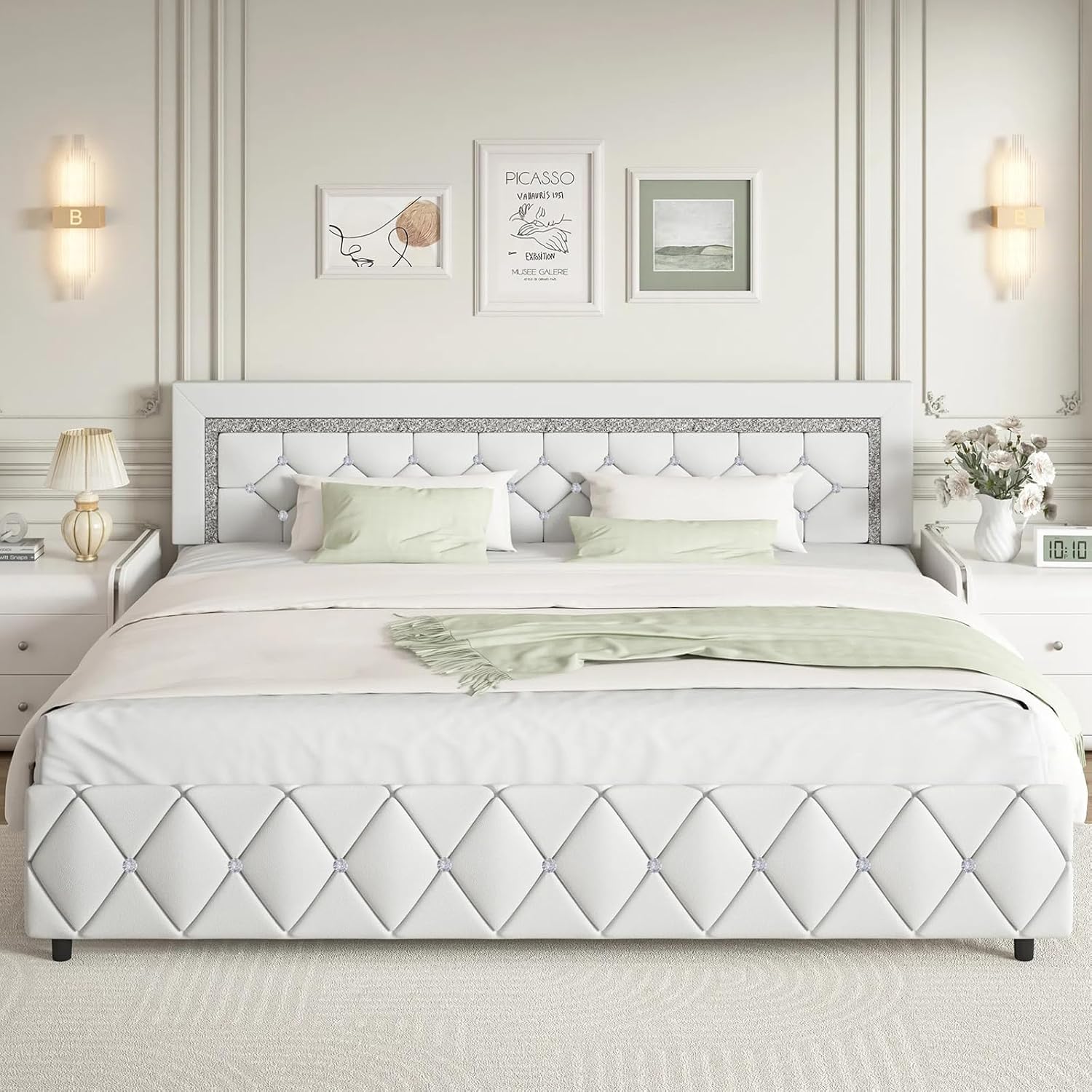 King Size Bed Frame and Headboard, Faux Leather Upholstered Bed with Diamond Tufted Design, Modern Platform Bed Frame with Wooden Slats Support, No Box Spring Required, Easy Assembly, White
