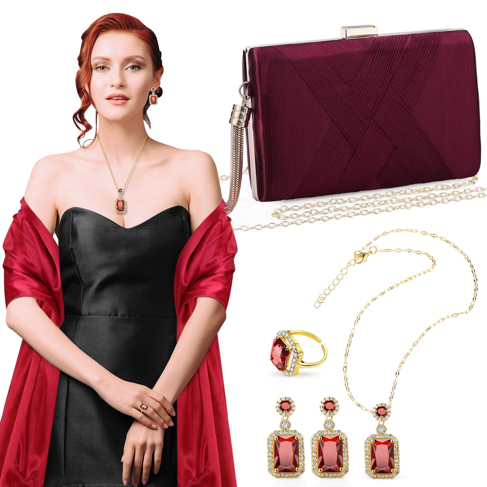 Jadive Juego de 5 piezas de joyería de satén para mujer, vestidos de noche, bolso de graduación, bufanda, aretes, collar, anillo para boda, novia, noche, fiesta, accesorios vintage para banquetes