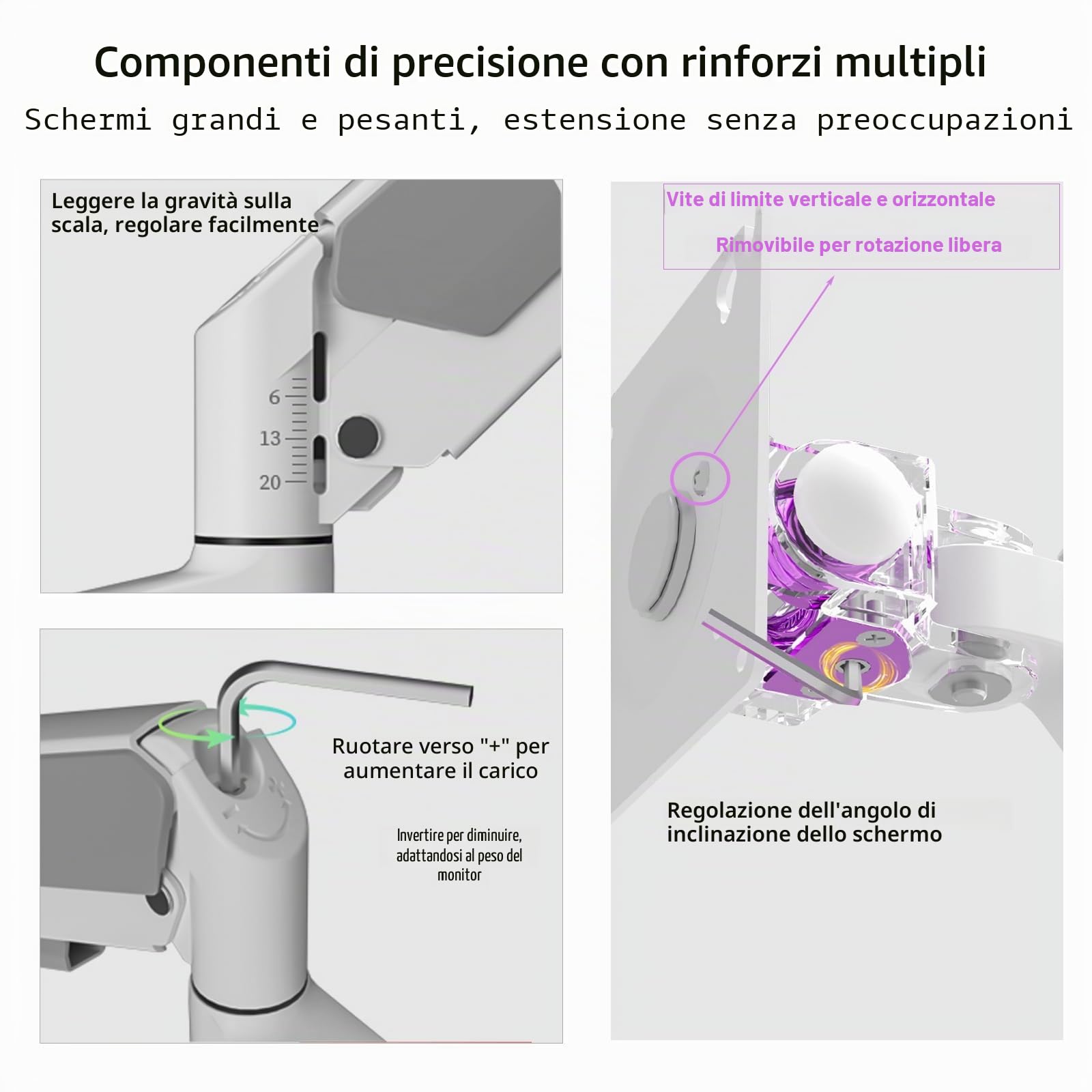 Braccio Monitor Bianco per Schermi Ultralargo da 17 a 60 Pollici,Supporta 20 kg, Supporto Monitor a Molla a Gas Regolabile in Altezza Con Asta, Ergonomia Rotazione VESA 75x75/100x100mm