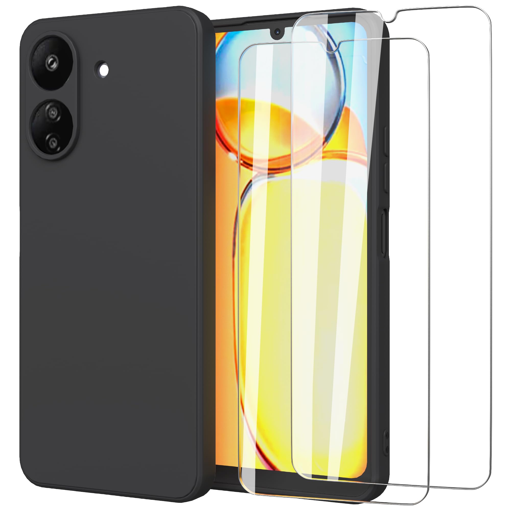 MOONESS Cover per Xiaomi Redmi 13C (6,74") Custodia,Con 2 Pellicola Vetro Temperato Morbida Sottile Liquid TPU Case per Xiaomi Redmi 13C - Nero