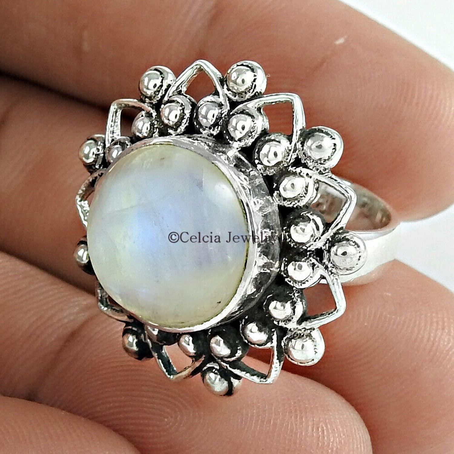 Anello pietra di luna arcobaleno, anello rotondo cabochon in pietra bianca, anello nuziale, anello fantasia, anello definitivo, regali artigianali, gioielli Art Déco