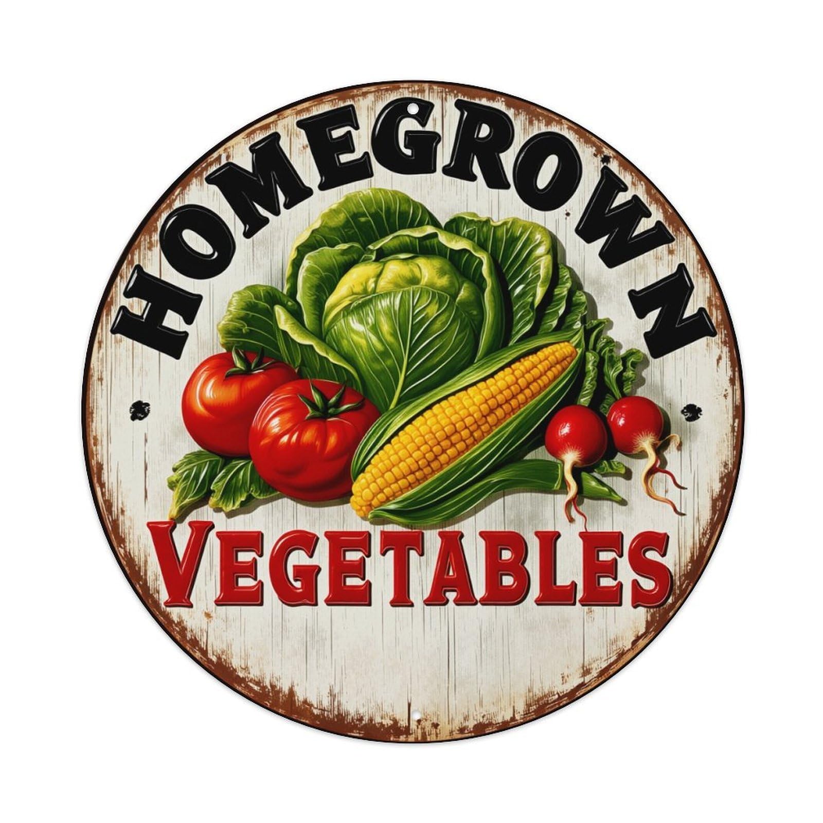 Homegrown Vegetables Sign Pattern Print Round Tin Sign Vintage Metal Poster, Home Bar Garage Man Cave Cafe Indoor & Outdoor Wall Decoration 8x8Inches