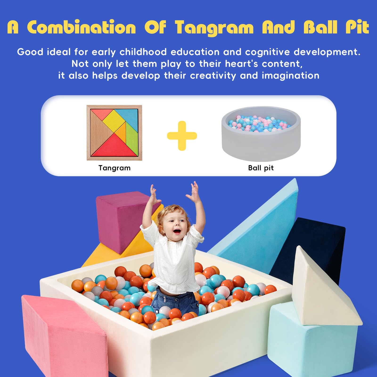 Tangram Square Puzzles Couch, Kids Play Sofa, 7pcs Foam Climbing Blocks with Ball Pit, Puzzle Solving Couch, 1600+DIY Creativing Playroom Furniture for Toddlers, Soft Play Activity Playset