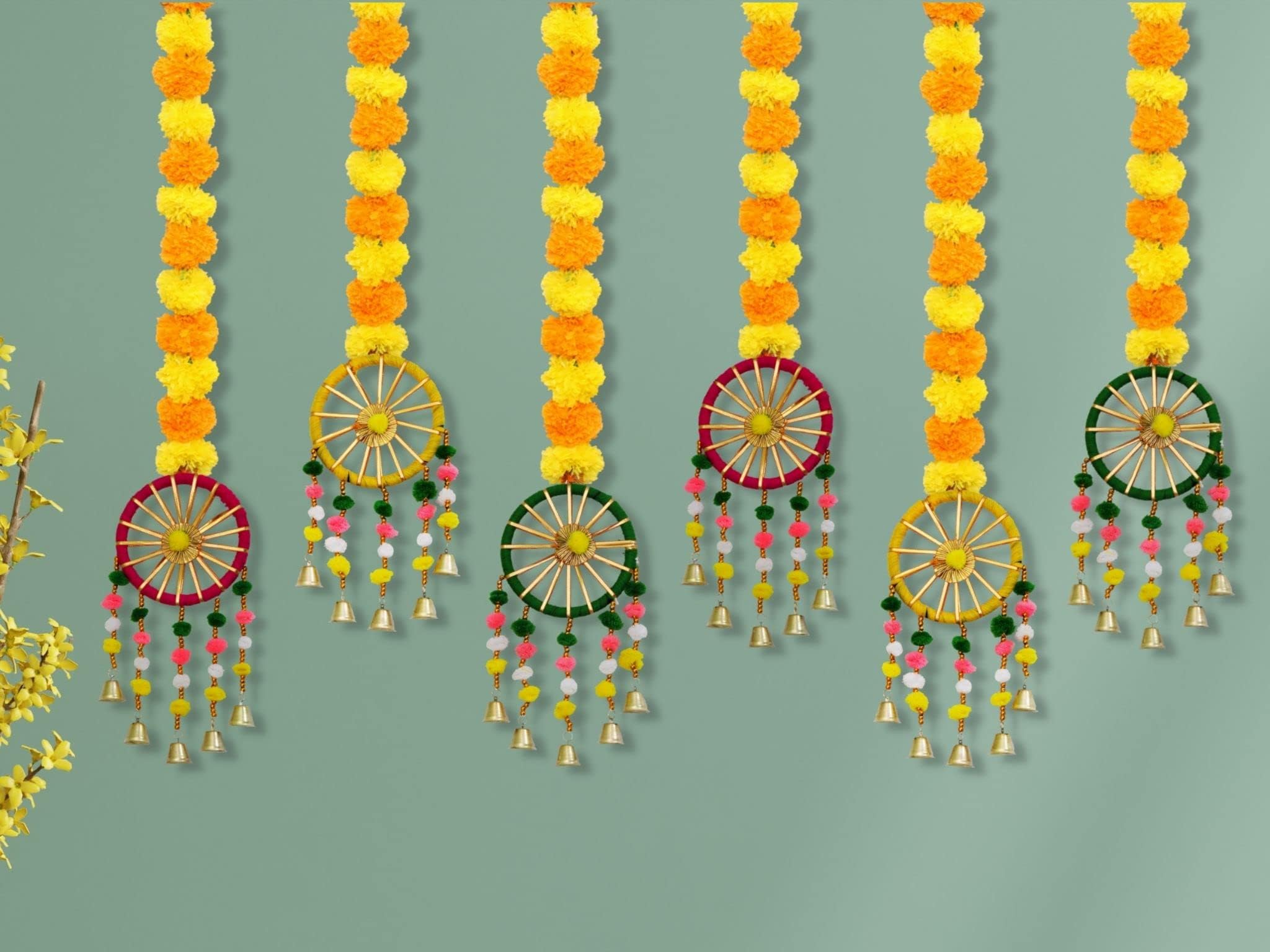 JH Gallery Handmade Artificial Marigold Fluffy Flowers with Ring Bell Hanging Latkan Toran for Home | Festival | Wedding | Temple Pooja Room Decoration (Pack of 6)