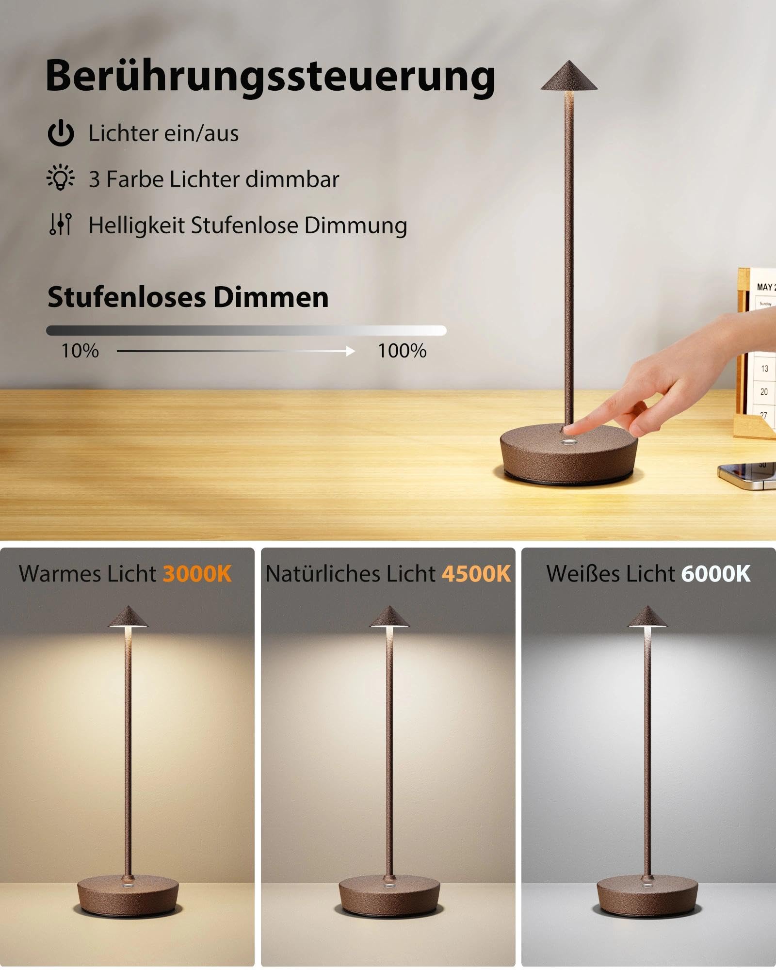 Kabellose Tischlampen Wiederaufladbar, 6000mAh Batterie Betrieben LED Schreibtisch Lampe Wasserdicht Tragbar Dimmbar Für Terrasse Restaurant Esszimmer Zuhause 2er Set Rost