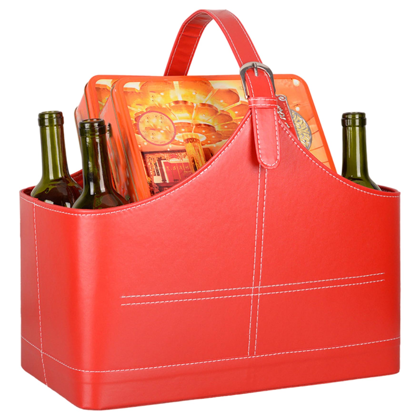 Panier en cuir Porte-revues en cuir rouge avec poignée supérieure Présentoir de Noël Panier en Porte-revues en à magazines de rangement en -