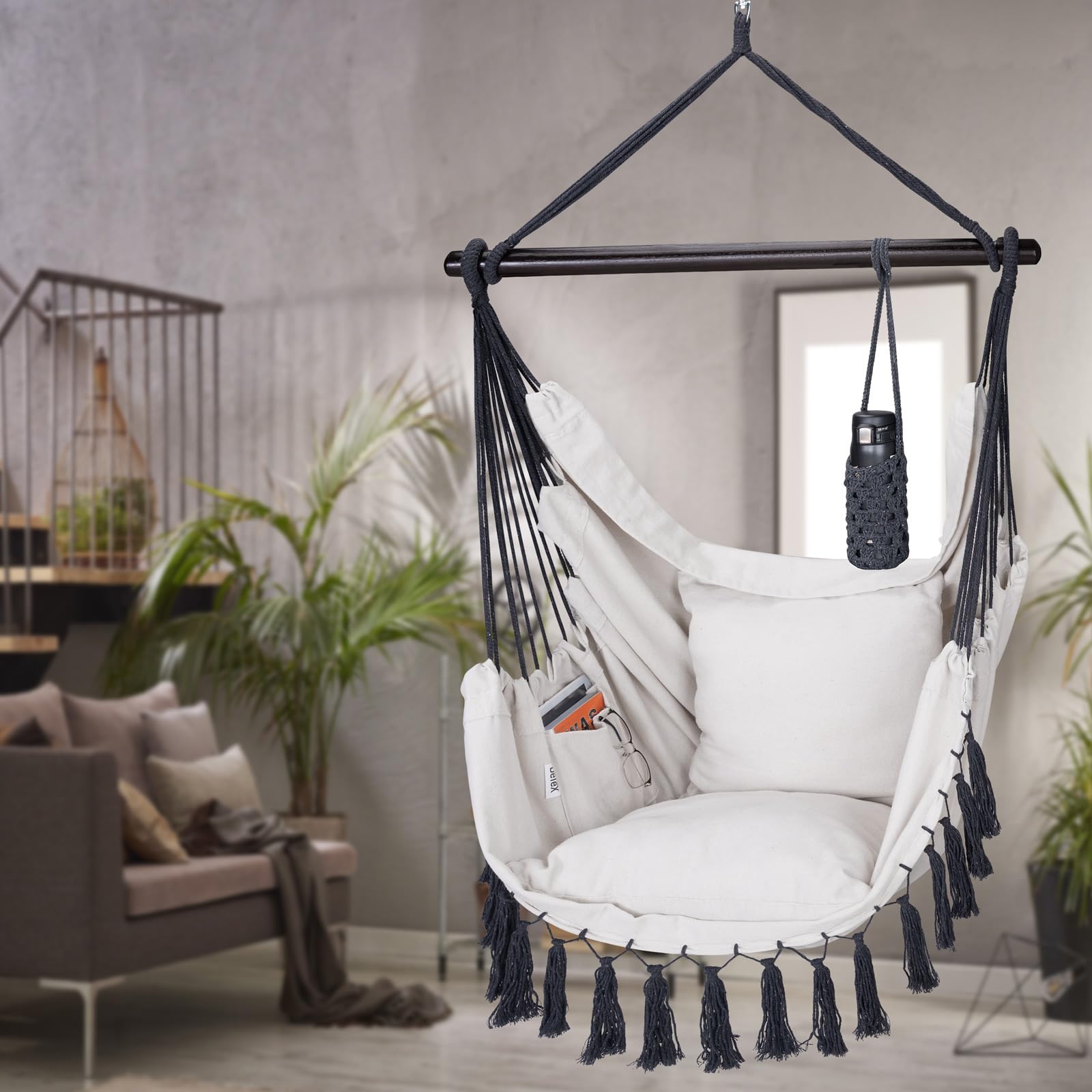 Detex Sedia Sospesa 150 kg Boho Style 2 Cuscini XL Amaca a Poltrona Portabevande Girevole 360°