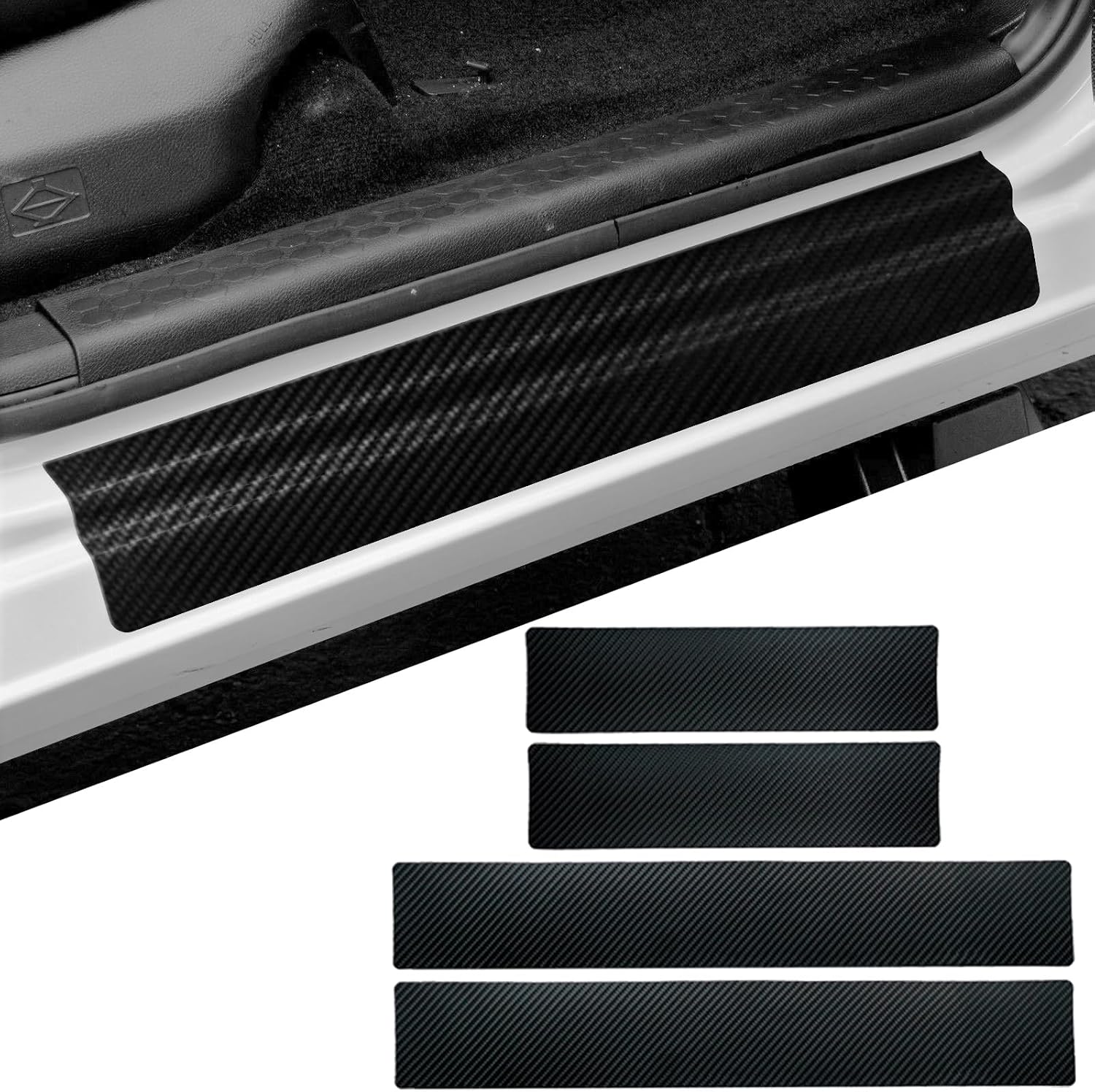 4 Pcs Carbon Fiber Car Door Sill Scuff Plate Auto Door Entry Guard Scratch Shield for GMC Sierra 1500 Chevrolet Silverado 1500 Auto Accessories (White, 1500)