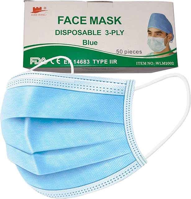 Type IIR 2R Fluid Resistant 3 Ply Surgical Medical Grade Disposable Single Use Face Mask Covering EN 14683 Elastic Ear Loops Blue, Box Pack of 50