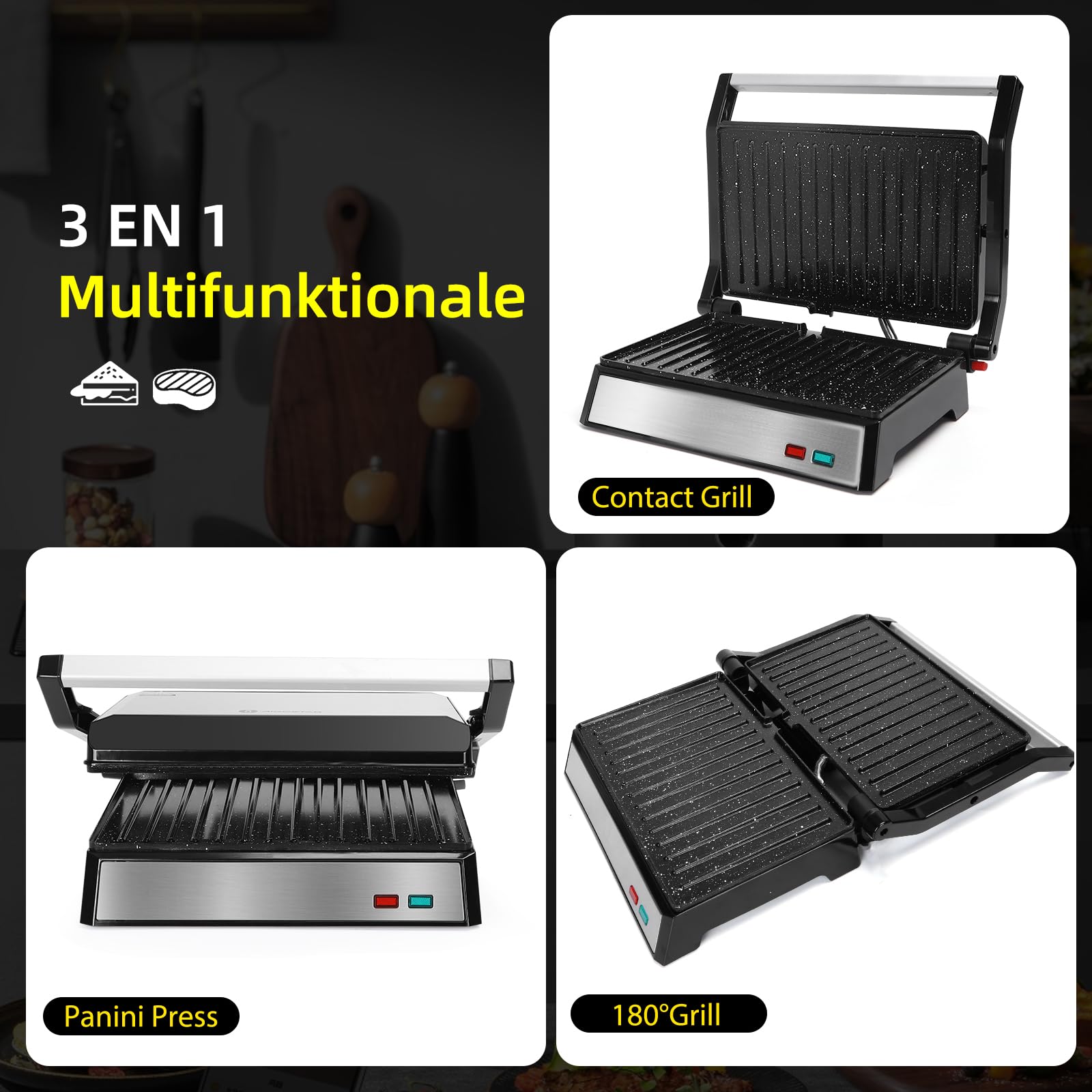 Aigostar Parrilla Eléctrica 1500W | Placas con Revestimiento 27x17 cm | Apertura 180° | Placa Flotante | Libre de PFAS y BPA | Sandwichera Grill | Hett Pro