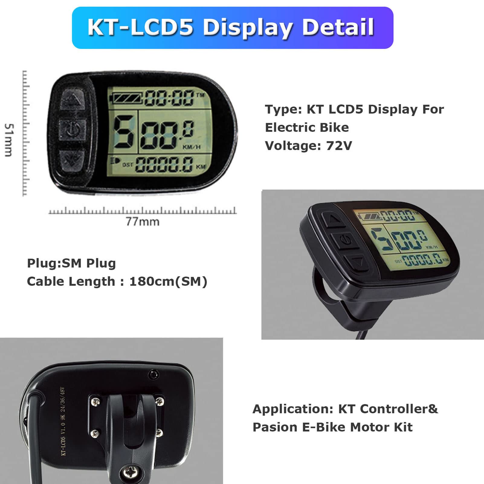Vélo électrique avec écran LCD couleur 808, compteur 24V-72V