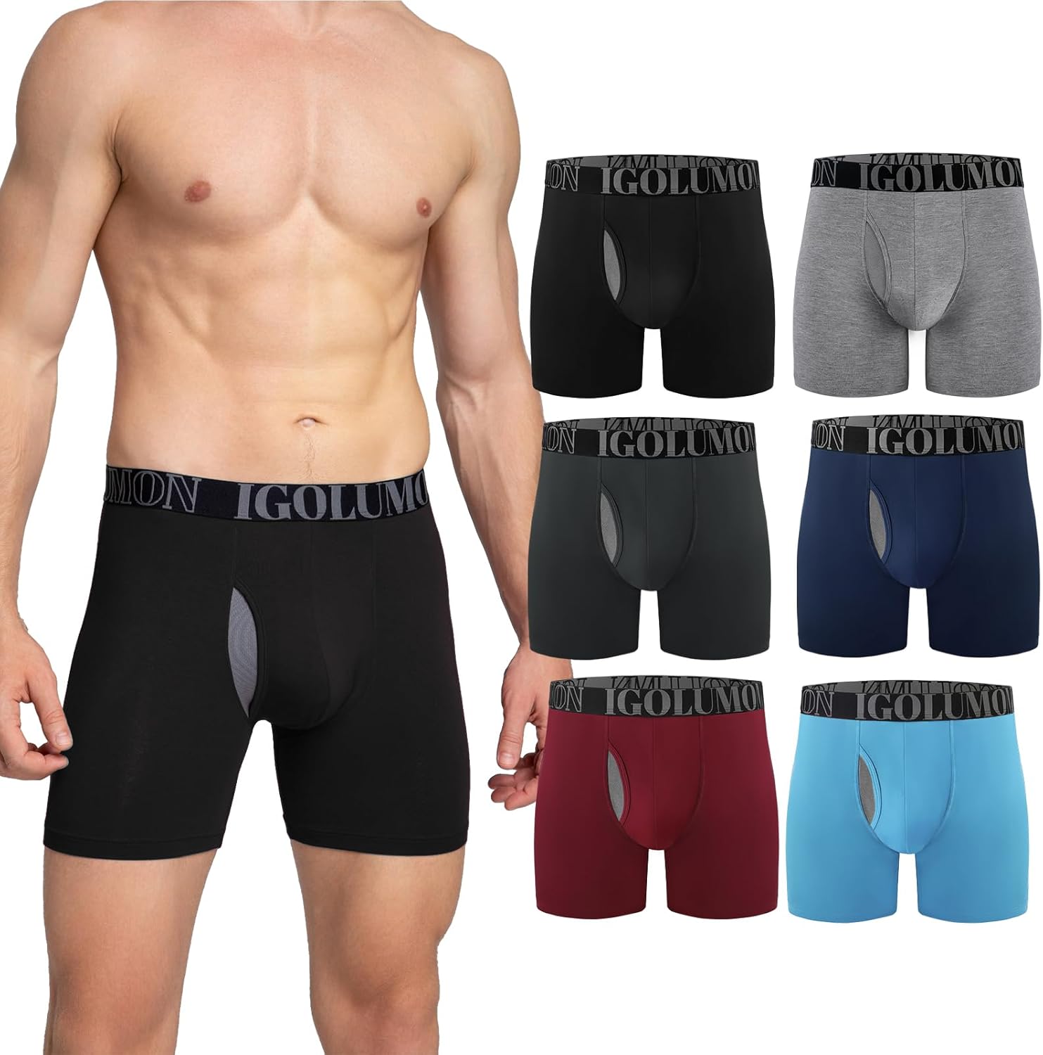 IGOLUMON Men’s Underwear Boxer Briefs 6-Pack Breathable Bamboo Rayon Soft Boxer for Men with Fly Underwear Trunks