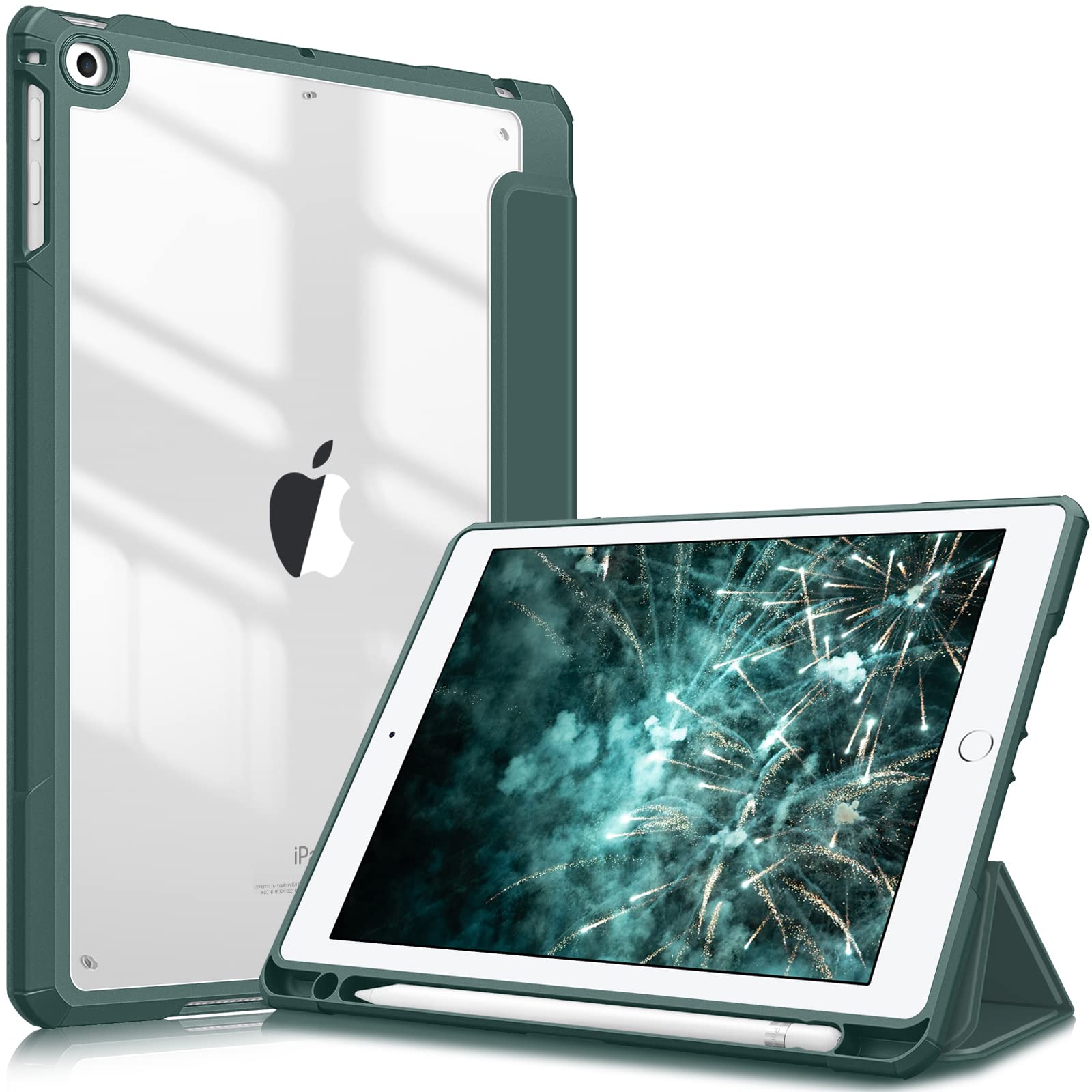 Fintie Hybrid Slim Case for iPad 6th Generation 2018 / 5th Gen 2017 / iPad Air 2 / iPad Air 1 (9.7 Inch) - [Built-in Pencil Holder] Shockproof Cover with Clear Transparent Back Shell, Midnight Green