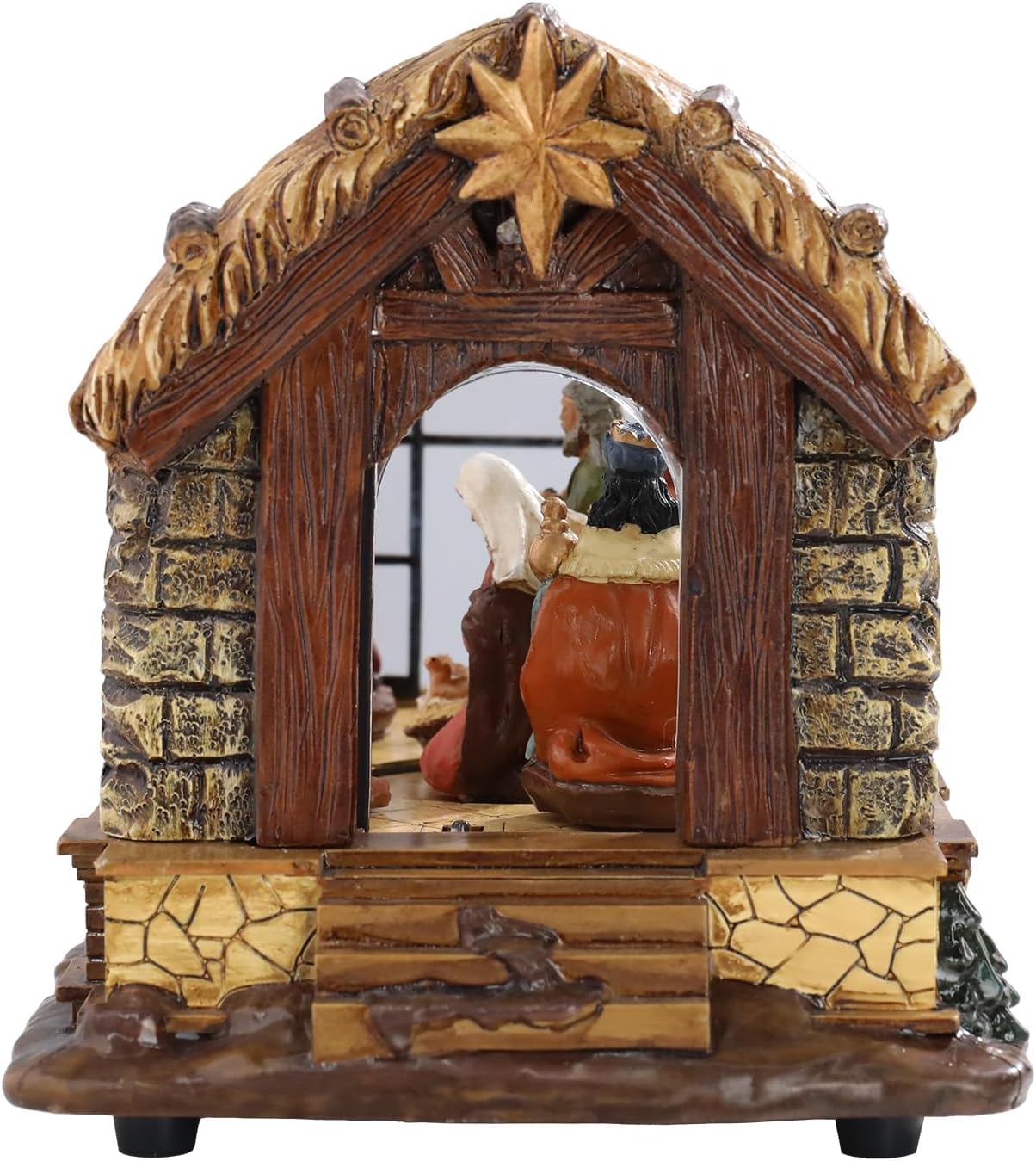 MUMTOP Lighted Christmas Village Nativity, Holy Family Nativity Figurine Set with Warm Lights, Muscial Battery Operate Christian Greenhouse Xmas Tabletop Decor