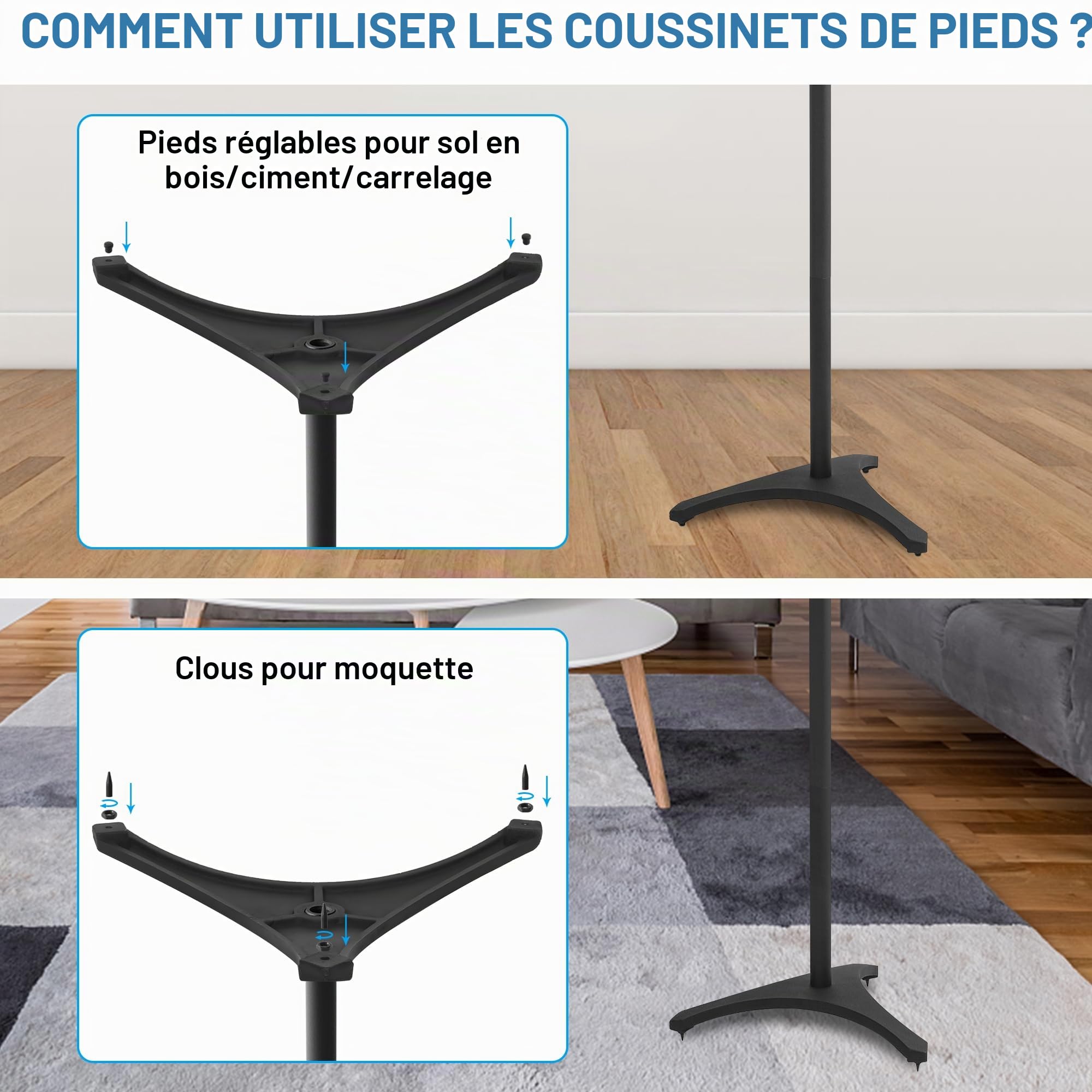 Supports d'enceintes OUUTMEE, Supports d'enceintes, réglables en Hauteur de 86 à 127 cm avec Gestion des câbles, Fixation pour Enceintes, Lot de 2, capacité de Charge de 3,6 kg chacun.