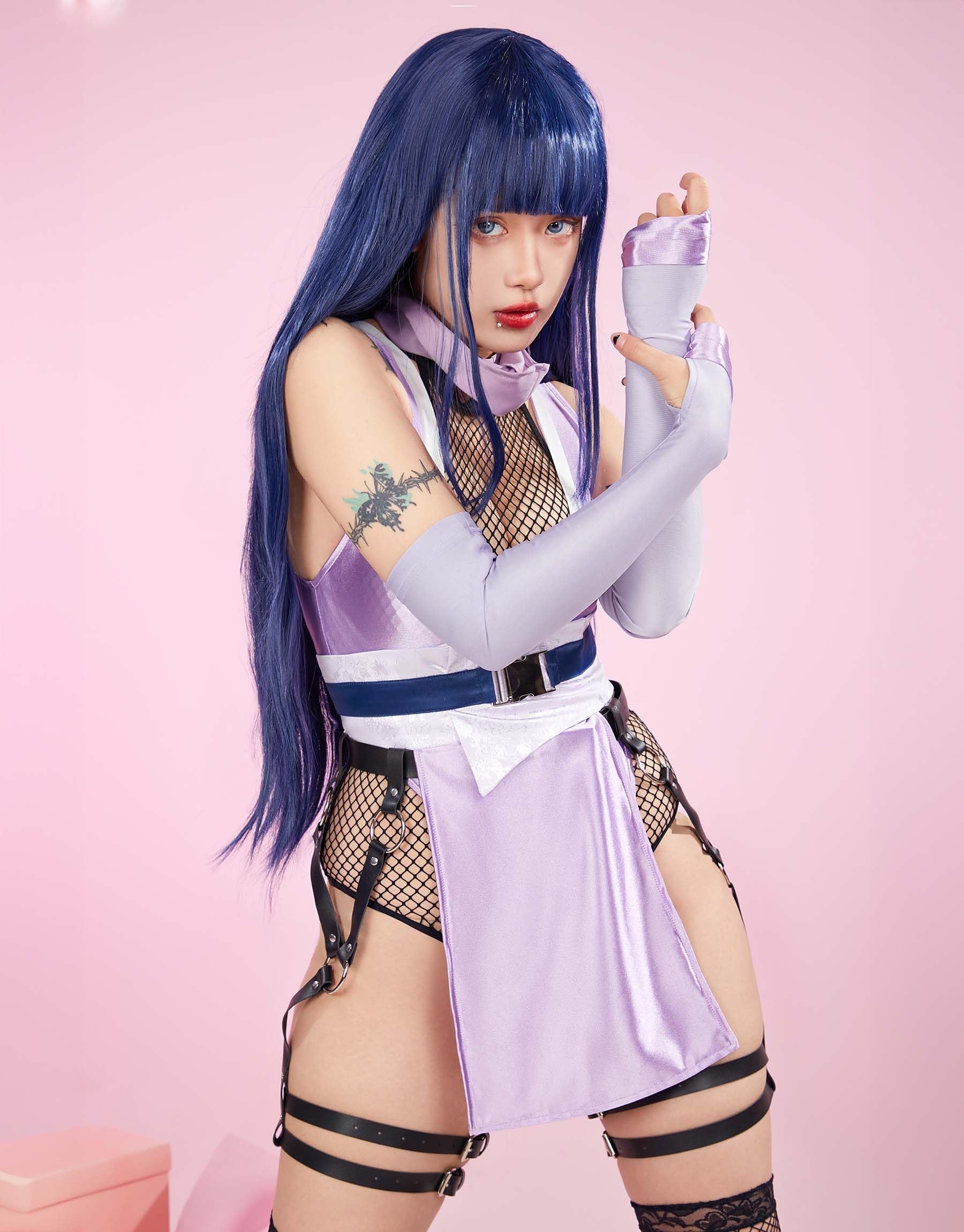 Mobbunny Womens Anime Cosplay Costume Purple High Slit Bodysuit Fishnet Mesh Bodysuit with Mask and Thigh Socks: Medium Purple