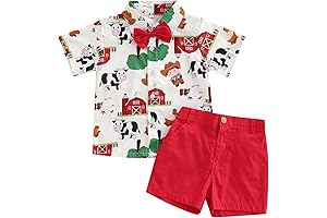 Toddler Boys Farm Animal Print Shirts with Bow Tie Shorts Set