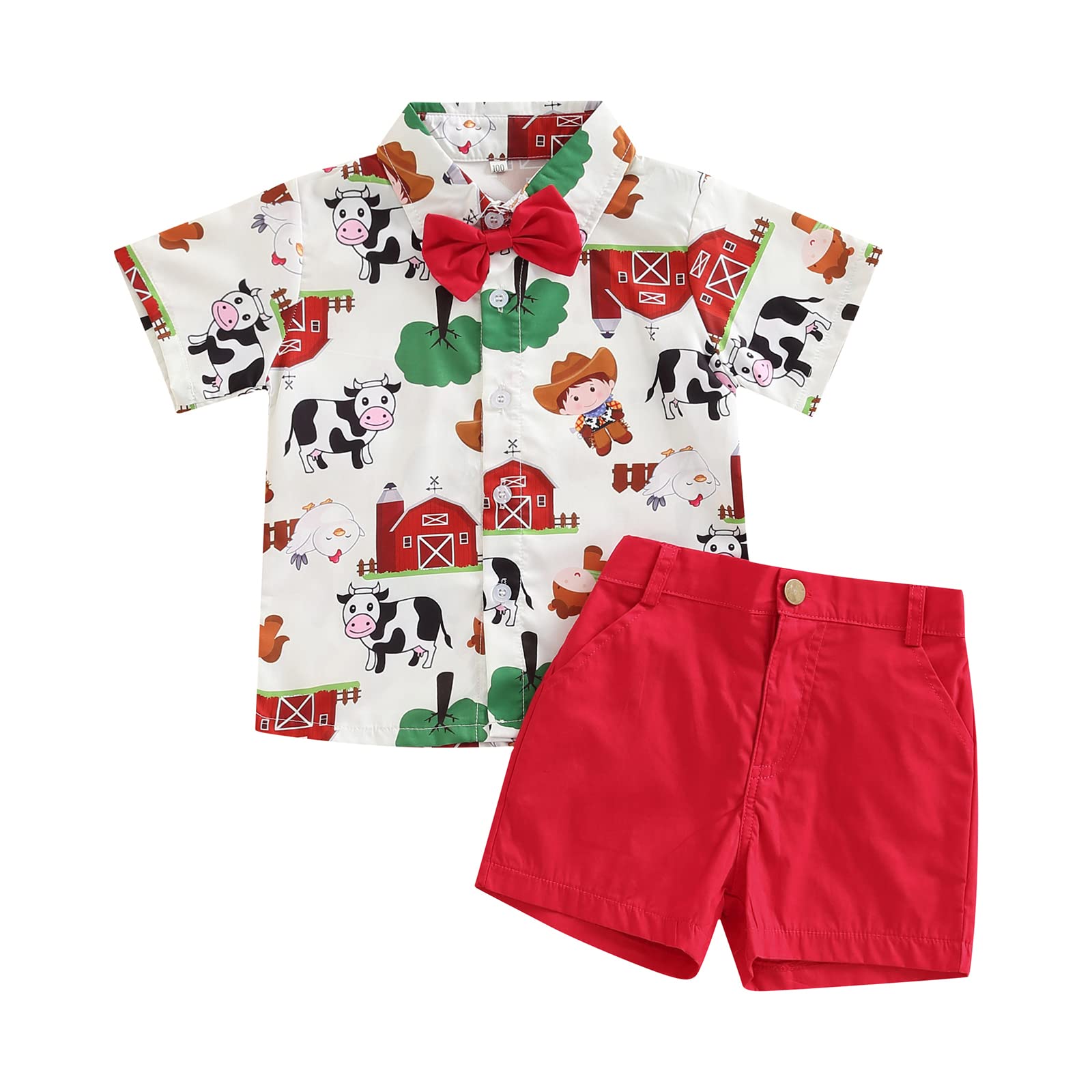 Toddler Baby Boy Christmas Clothes Santa Cow Print Short Sleeve Button Bowtie Shirt Bib Shorts Set Gentleman Outfit (Red Farm, 2-3 Years)