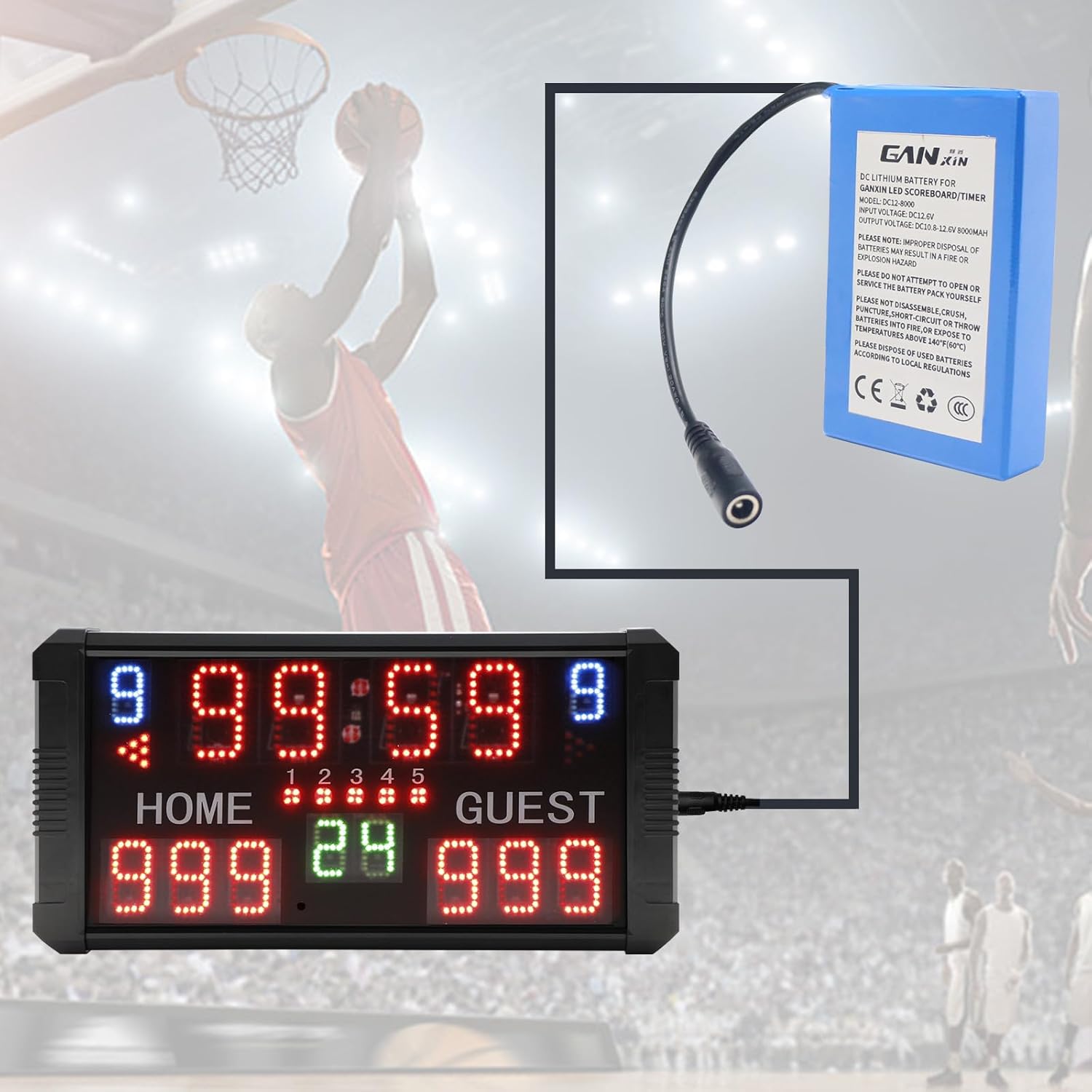 Lithium Battery 12V 8000mAh DC Battery for Scoreboard/Race Clock,External Recharge Lithium Battery with Charge and Charging Indicator Portable Battery