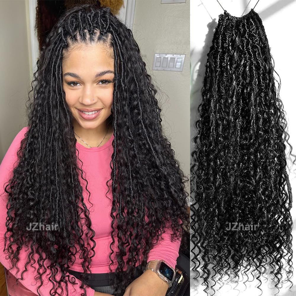Crochet Boho Goddess Locs Braiding Hair With Human Hair Curls Pre Looped Boho Dreadlocks Curly Full Ends Hair Extensions For Black Women Natural Color 4Packs/96Locs 22 Inch