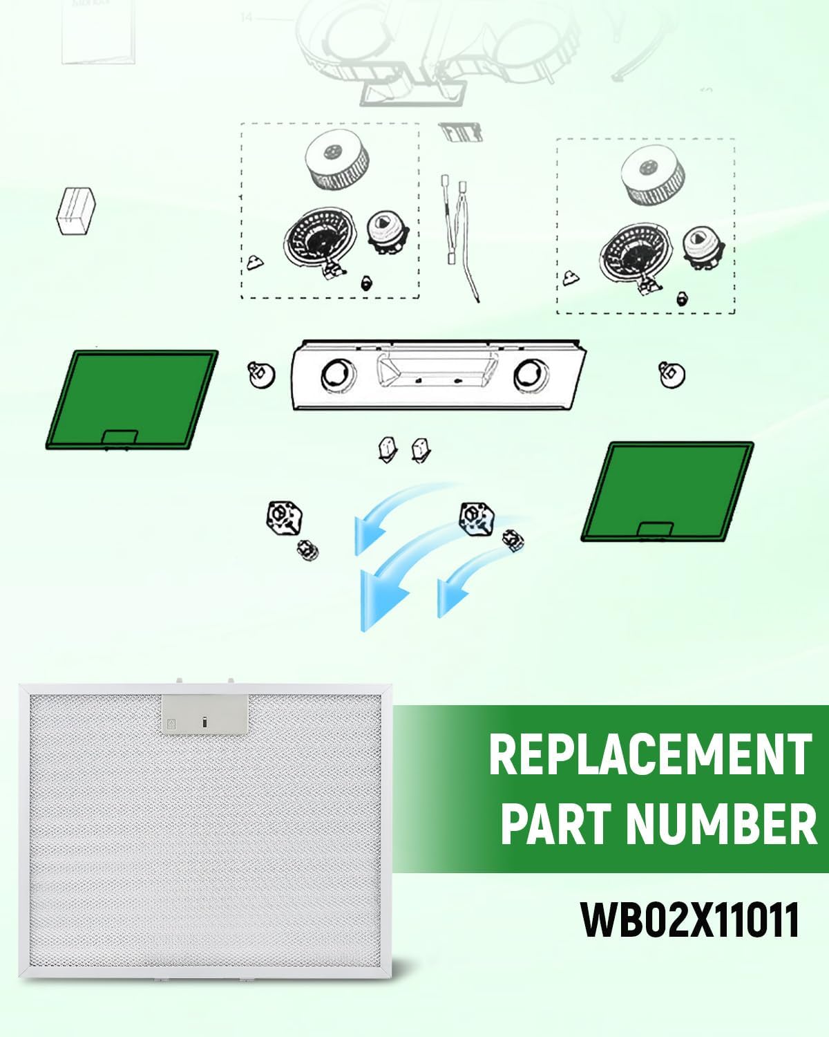 2 Pcs WB02X11011 Range Hood Grease Filter Replacement Fit for GE JV636H1SS JV636H2SS JV536H1SS JV536H2SS JV535H1WW JV635H1BB JV635H2CC Size 14-1/2 x 11-5/8 Inches