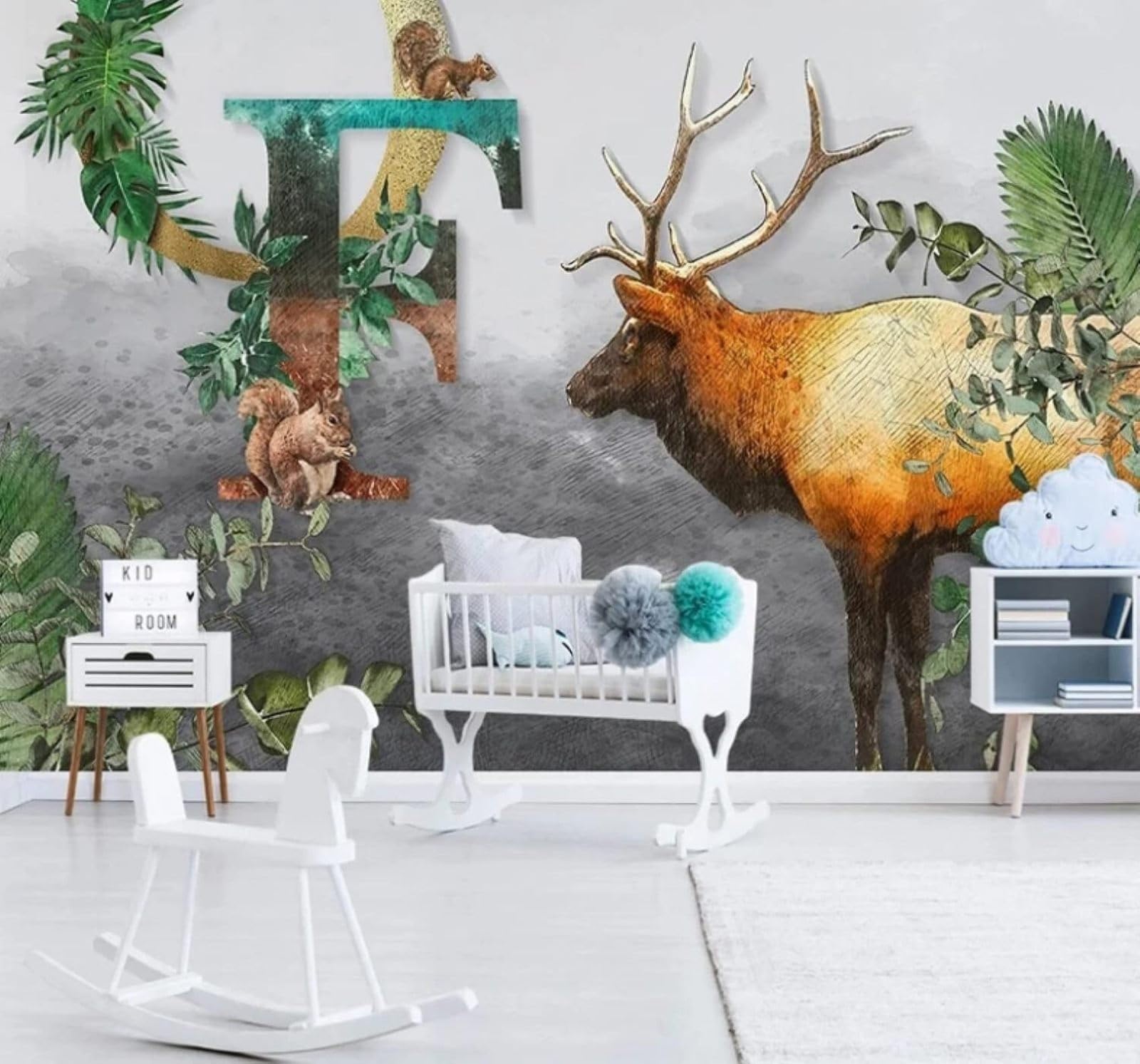 XLMING Cartoon Hand Drawn Animals Reindeer Green Leaves 3D Wallpaper Luxury Home Dining Decor Paste Sofa Living Room The Wall for Bedroom Mural-250cm×170cm