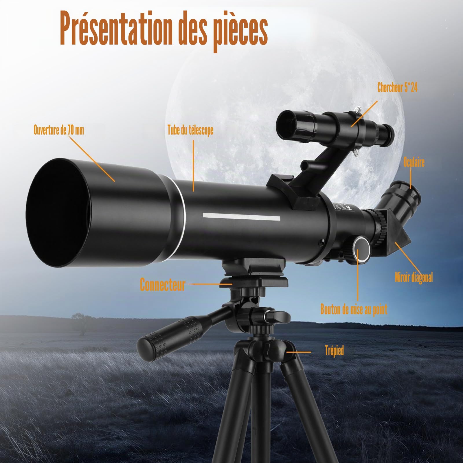 Télescope Astronomique Adulte Enfant, 500/70mm, 200x Lunette Astronomique Réfracteur avec Adaptateur de Téléphone Trépied et Filtre Lune et Chercheur pour Débutants Enfants et Amateurs pour Observer