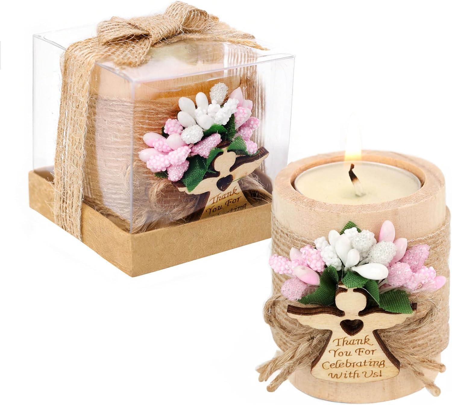 Ju's Favors Wooden Candle Holders Set of 10 for Baptism Gift, Christening Party Favors, Guest Favors,Baby Shower Party Favors. (Light brown - pink)