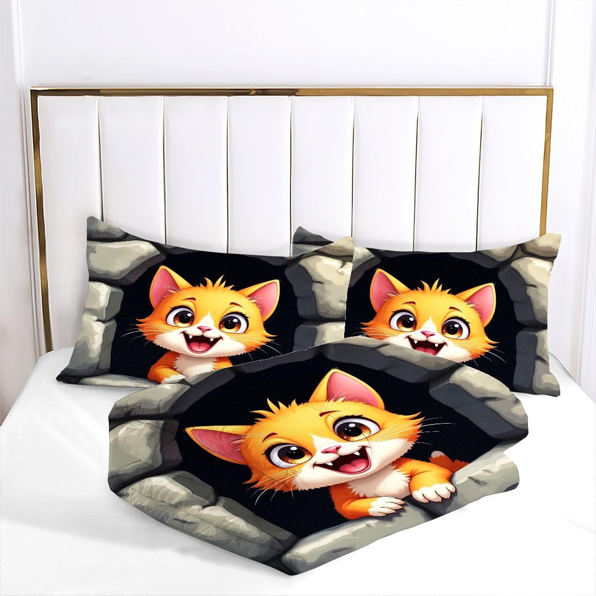 Edredón 135x200 cm Gatito De Dibujos Animados, Reversible Juego de Cama 135x200 en Microfibra, 3D Impresión Nórdico con 2 Funda de Almohada 50x75