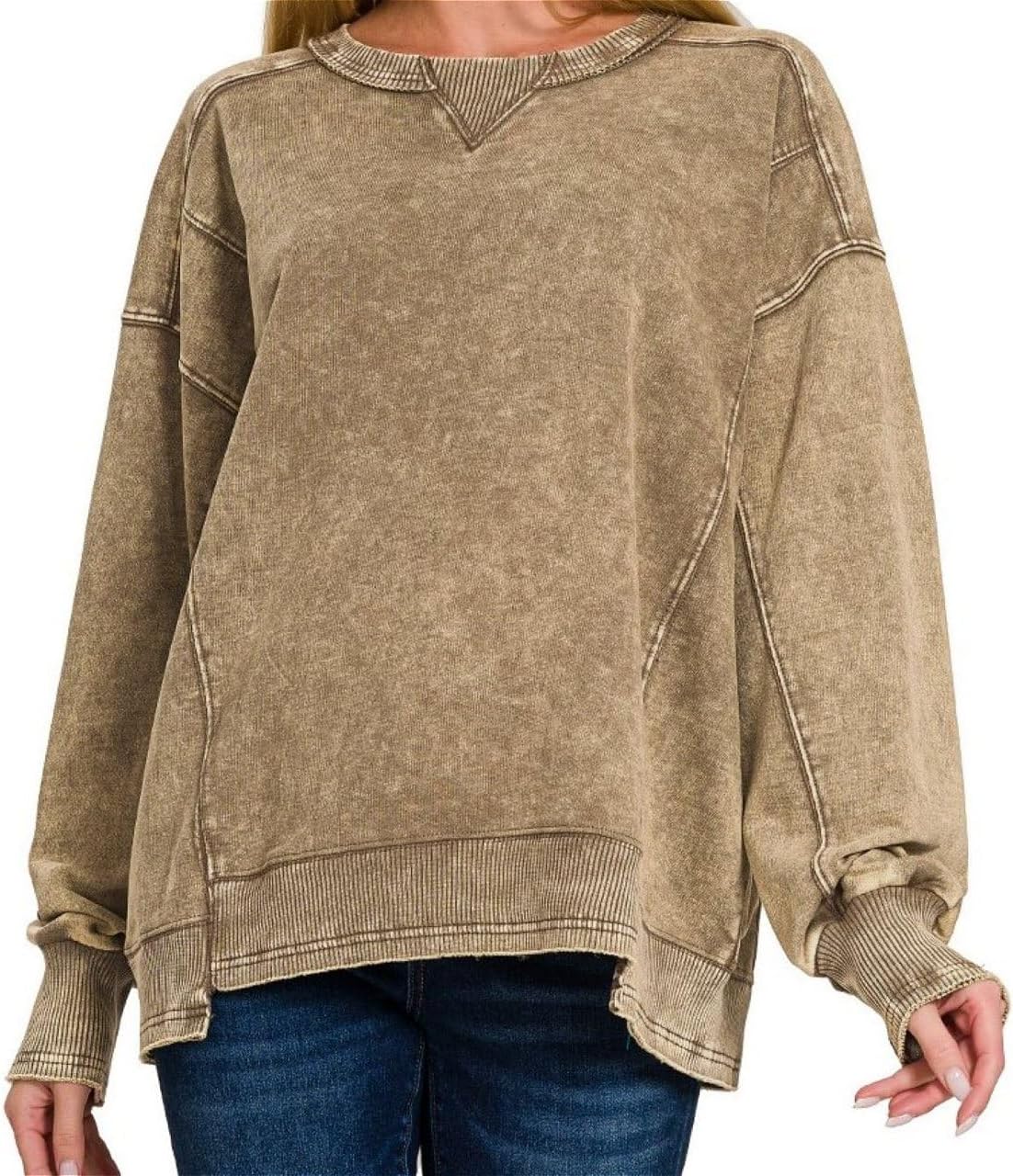 BluNight Collection Women Long Sleeve French Terry Cotton Wash Pullover Sweater Sweatshirt Blouse